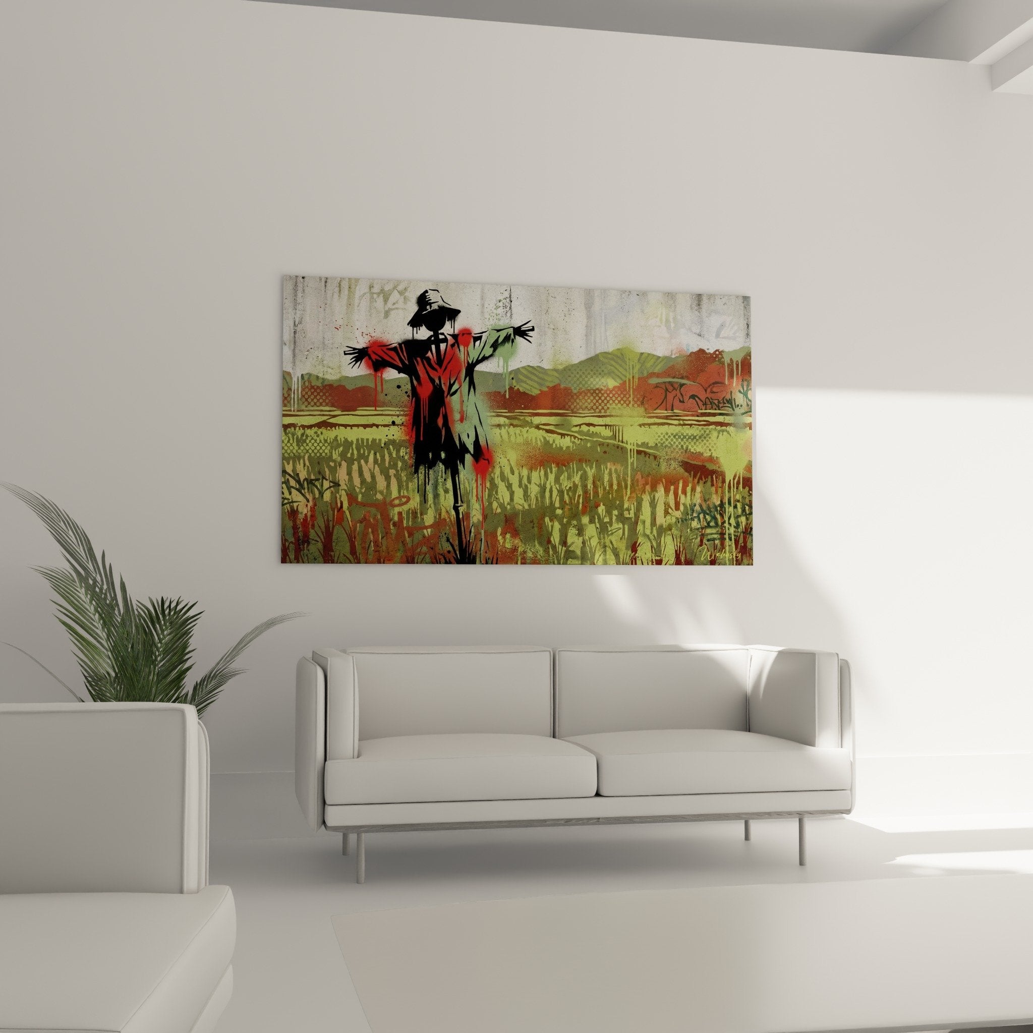 Détail tableau épouvantail noir technique pochoir coulures peinture rouge sur fond vert