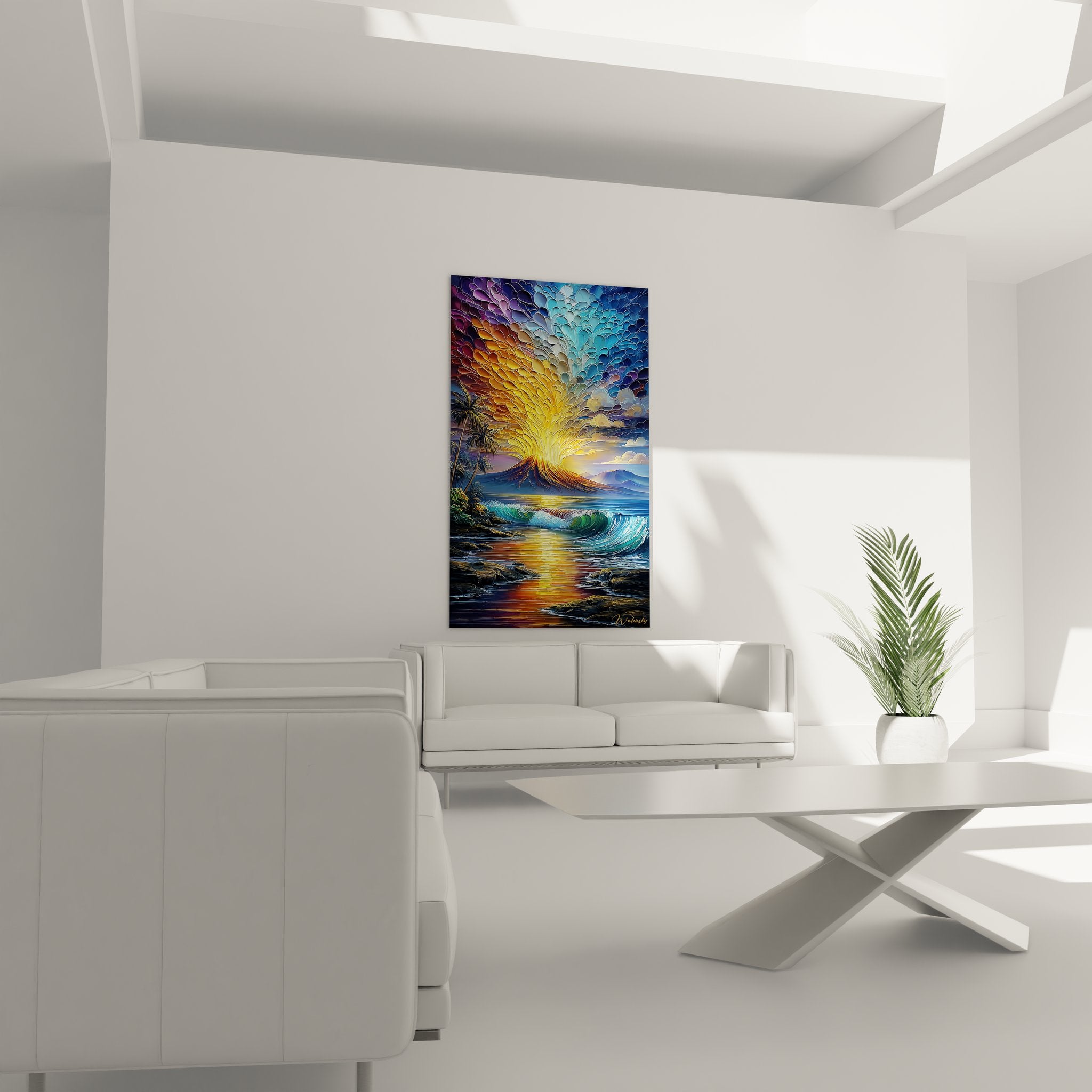 Gros plan détail éruption volcanique tableau art mural lave dorée et nuages colorés