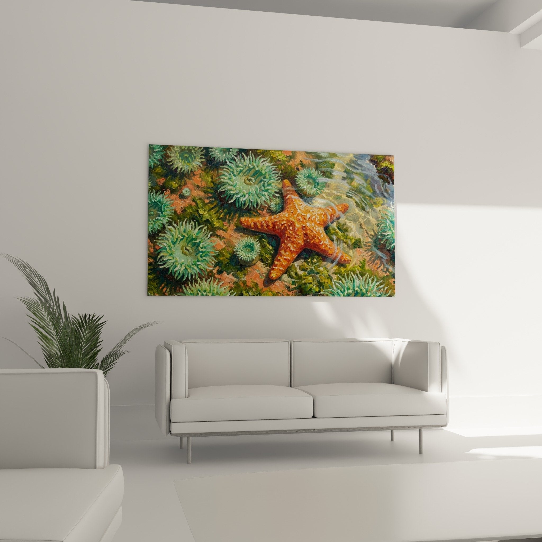 Detail orangener Seestern realistische Textur grüne Anemonen Meermälerei Nahaufnahme lebendige Farben