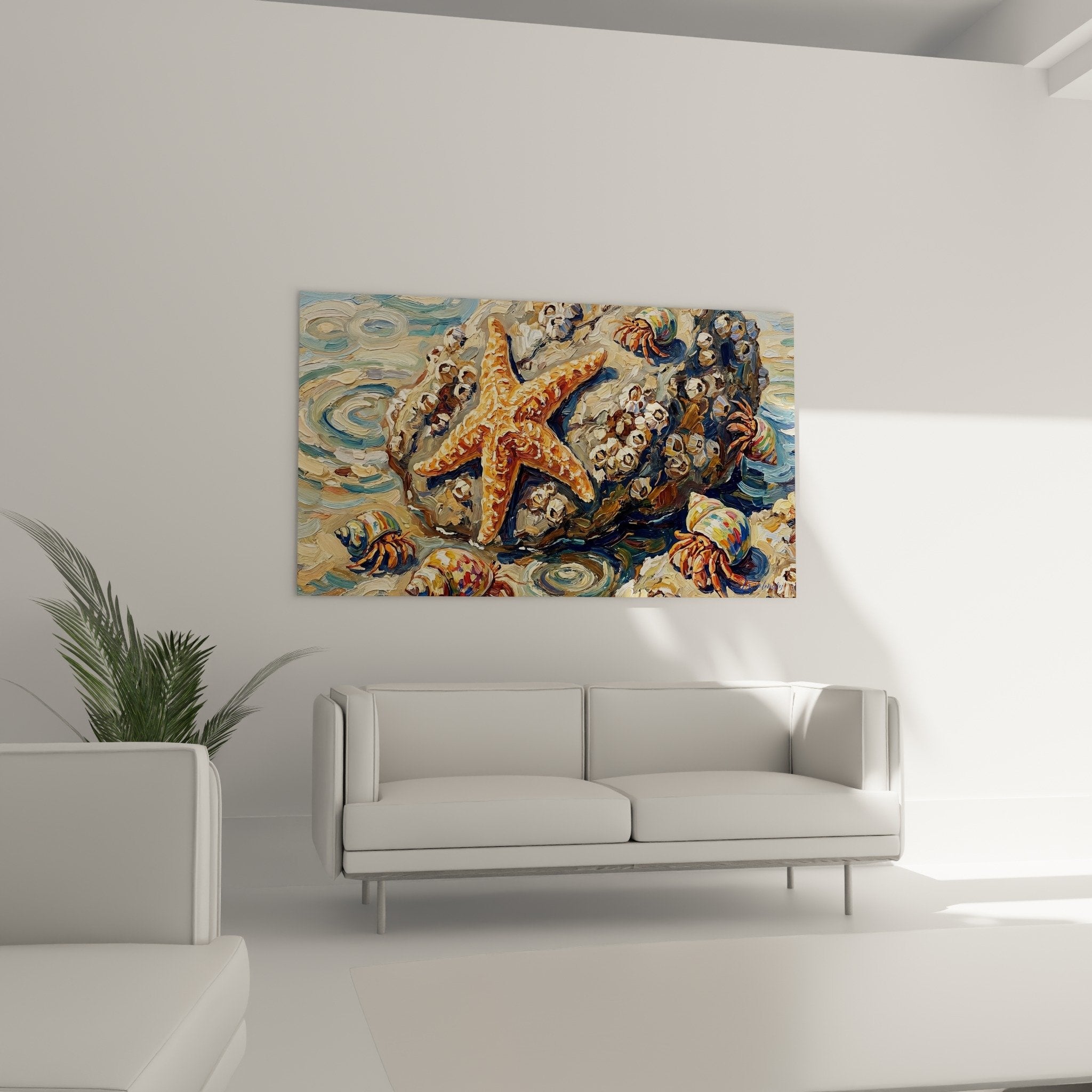 Détail rapproché étoile de mer orange texturée technique peinture expressionniste empâtements visibles
