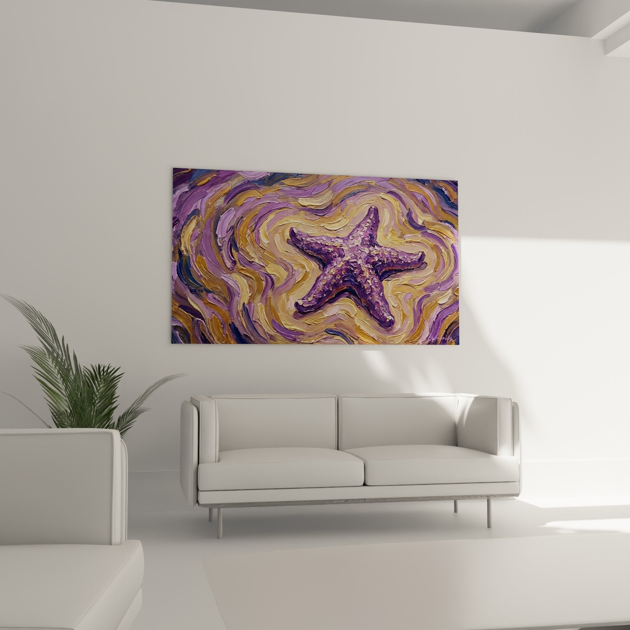 Détail gros plan étoile de mer violette texturée sur fond de vagues dorées tourbillonnantes, peinture épaisse