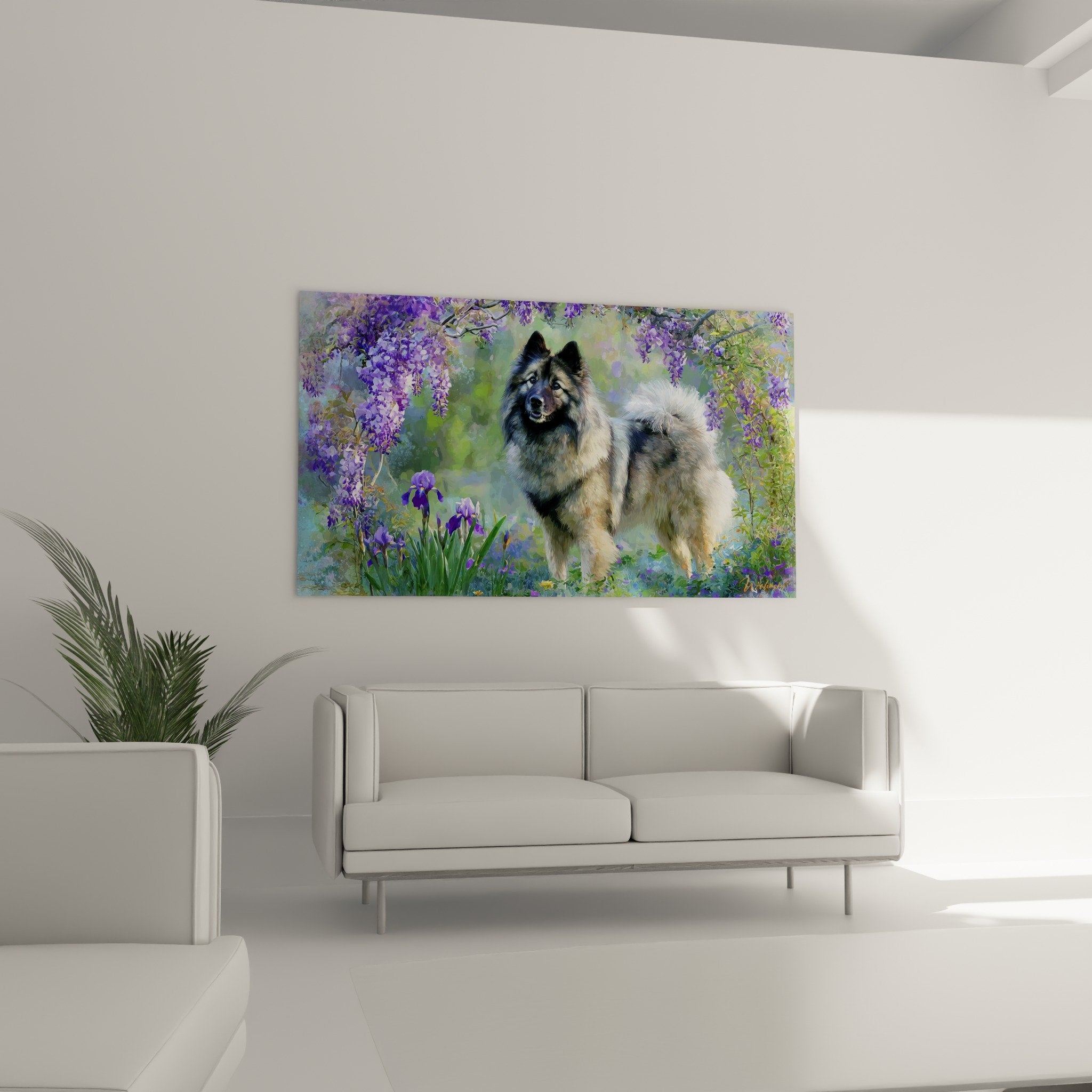 Detail pelage tricolore Eurasier et grappes glycines lilas, texture picturale raffinee