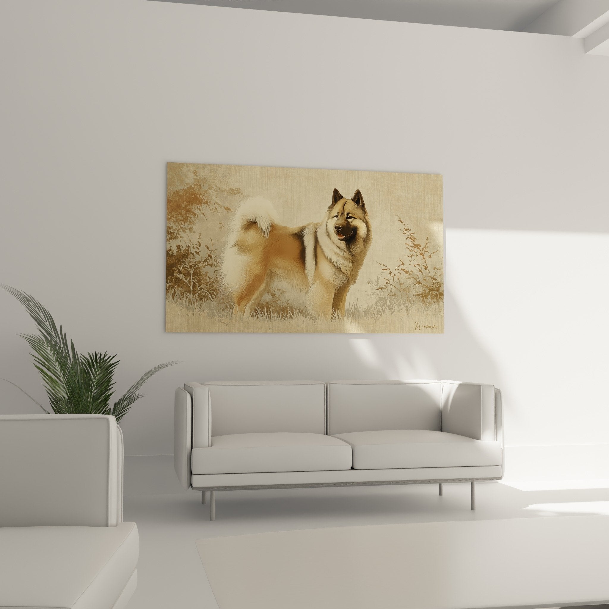 Detail tableau Eurasier pelage fauve creme oreilles noires herbes dorees style impressionniste