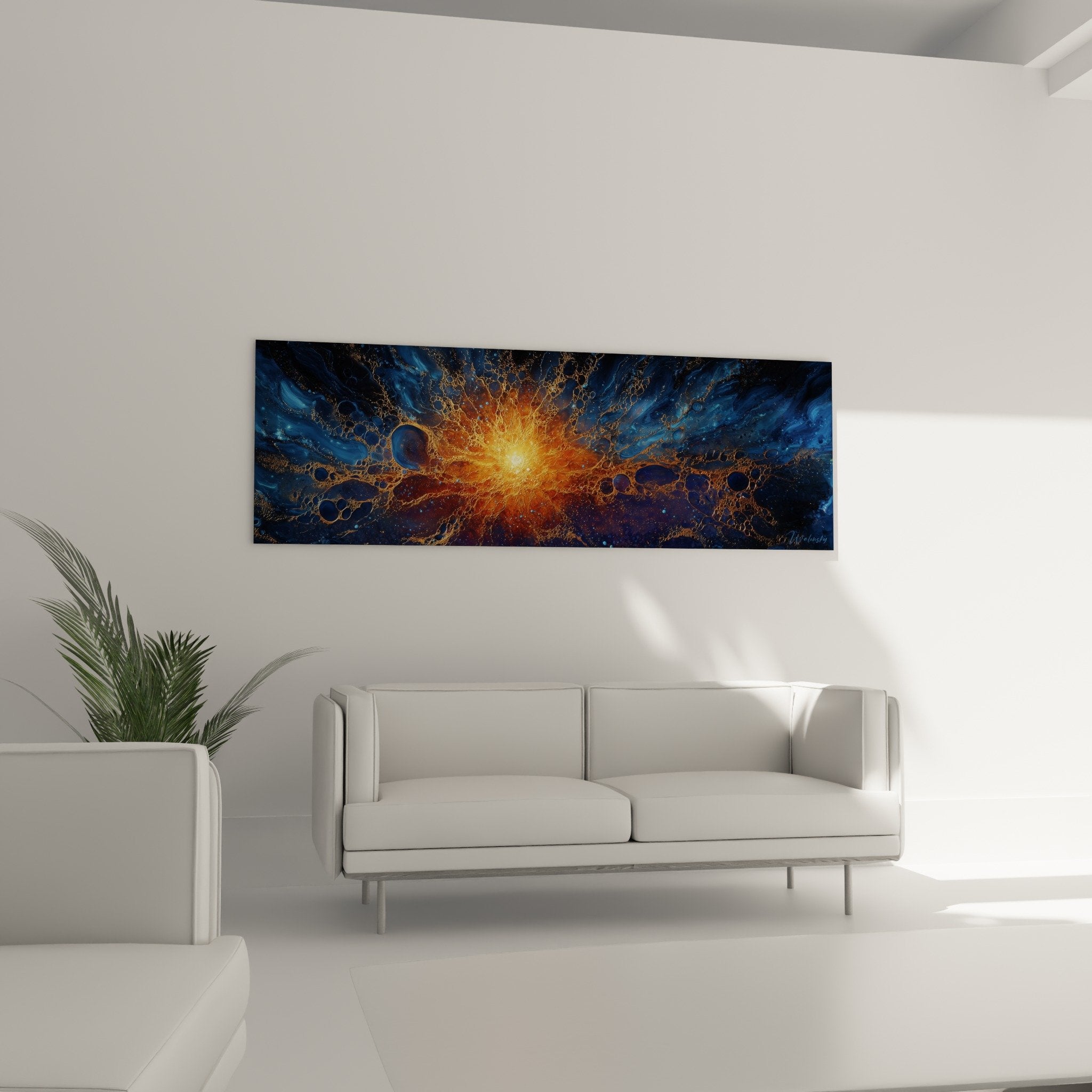 golden explosion detail with luminous filaments and sparkling particles on deep blue background