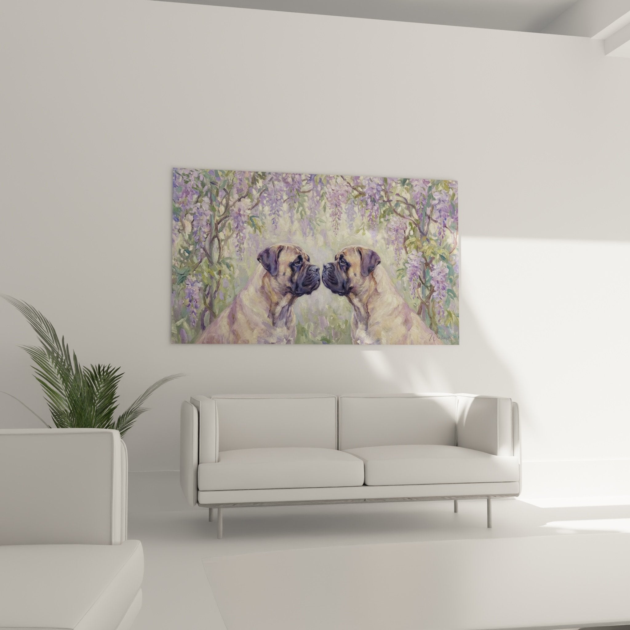 Gros plan sur les détails du tableau montrant les expressions tendres des deux Bullmastiffs