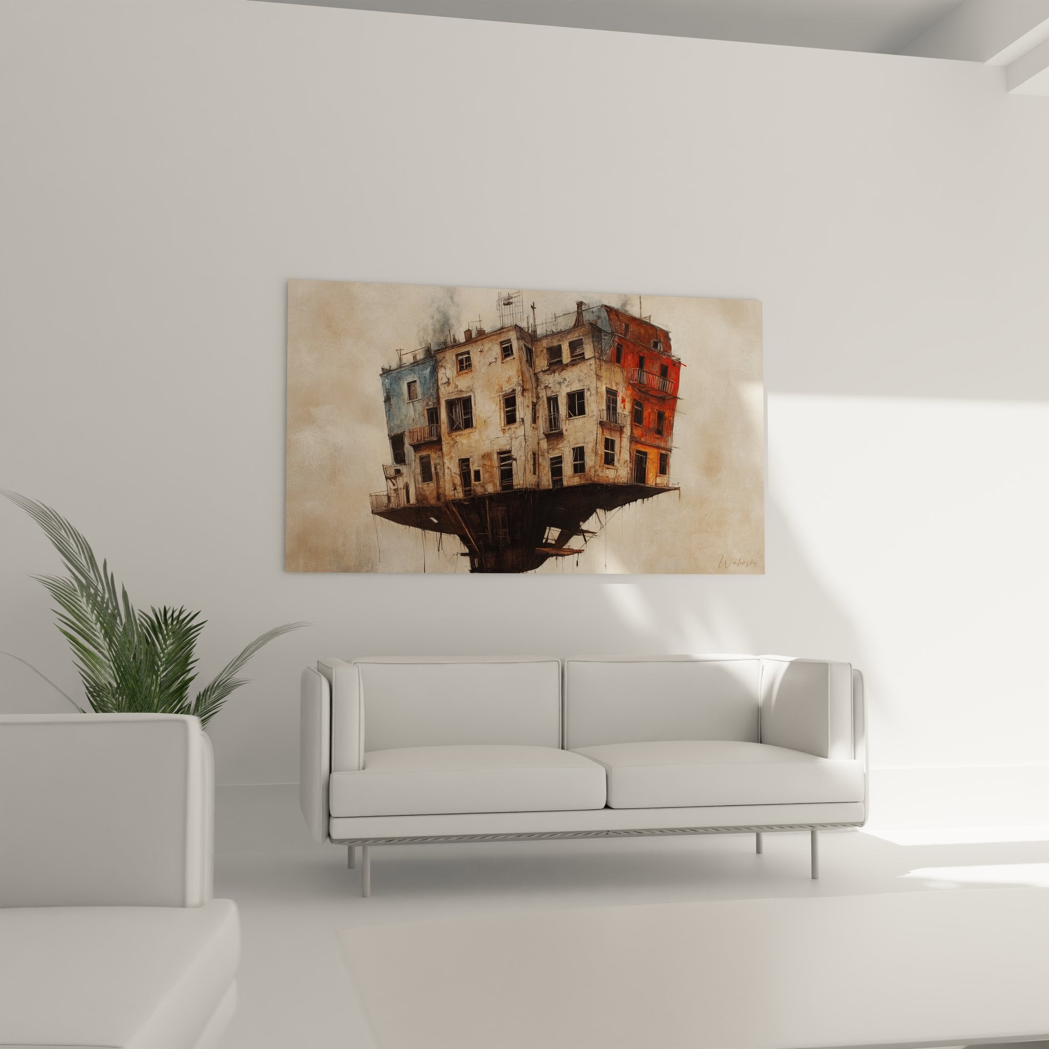 Détail tableau architecture suspendue façades colorées ocre bleu art urbain contemporain