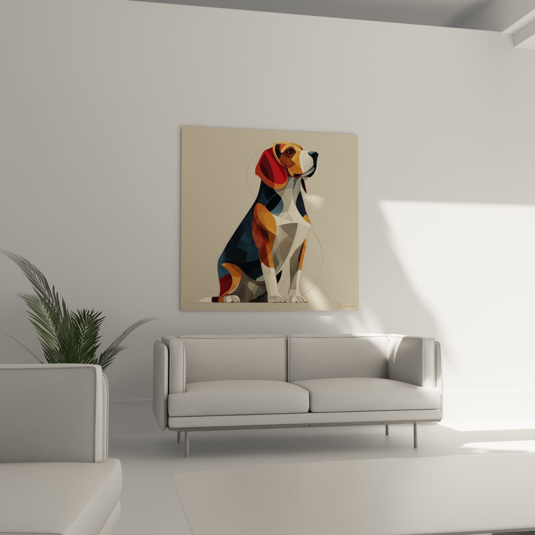 detaillierte facetten farbiger beagle geometrisch orange blau rot polygonale moderne kunst