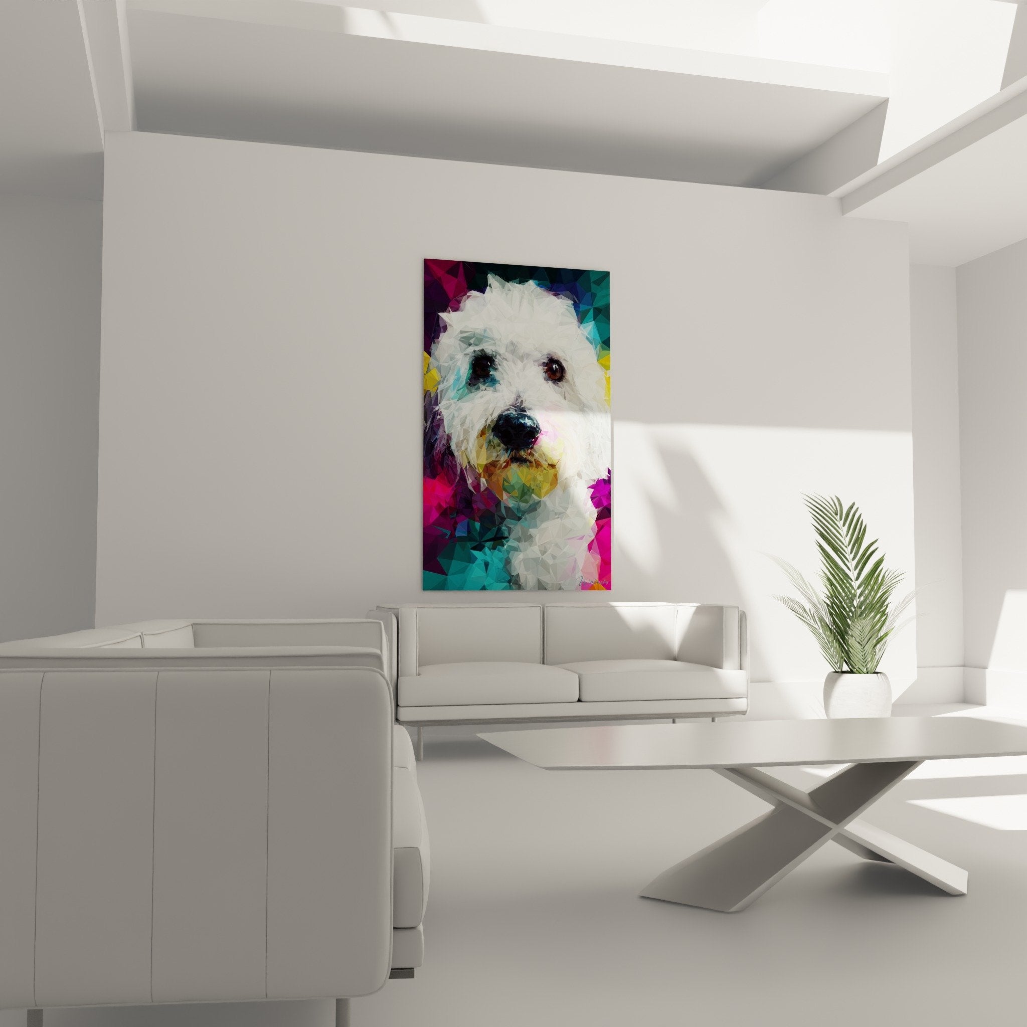 Détail des facettes colorées du portrait Coton de Tuléar en technique polygonale