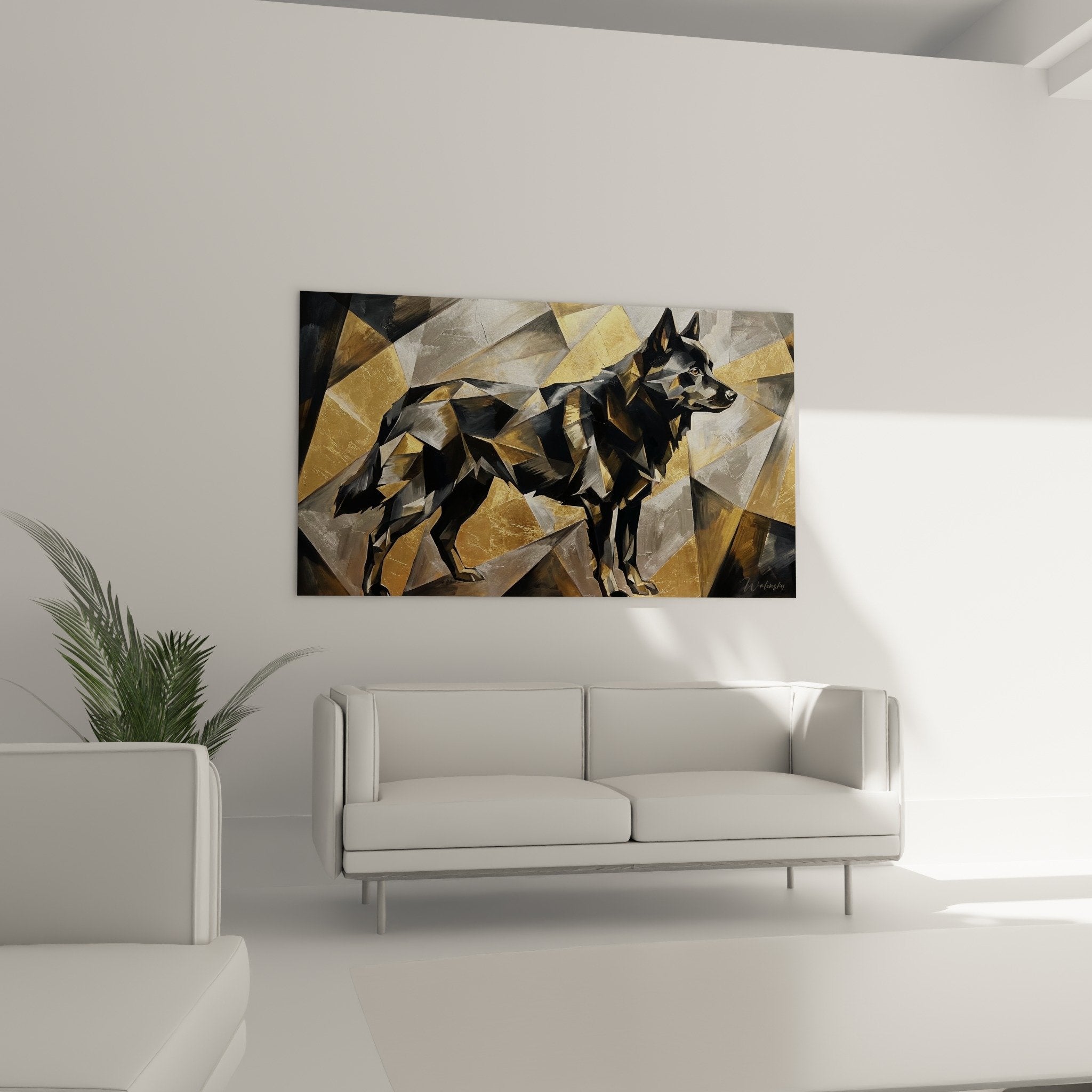 Detail des reflets metalliques et facettes prismatiques du tableau Schipperke geometrique