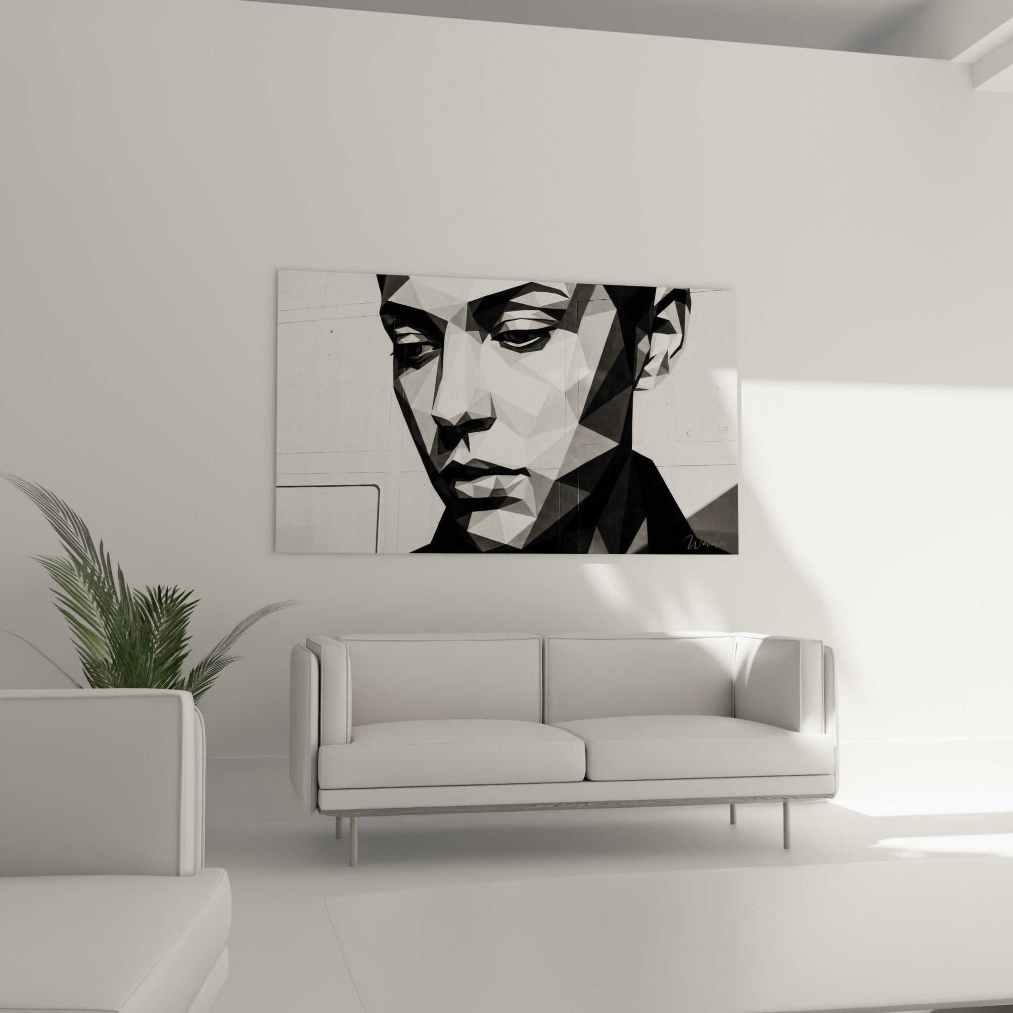 Detail facettes triangulaires portrait masculin art geometrique nuances gris contrastes