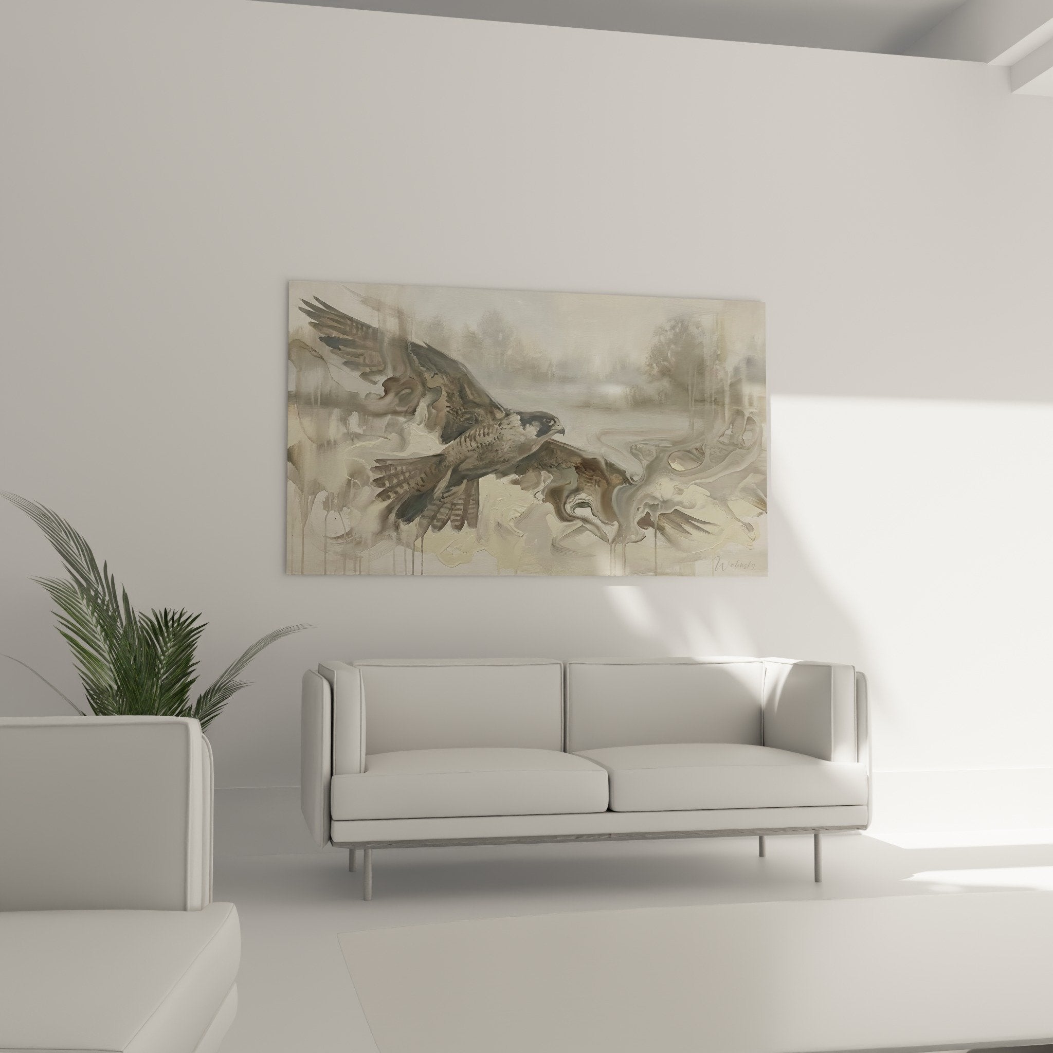 Detailansicht Falkenbild Aquarelltechnik Ocker- und Beigetöne verfeinerte Tiierkunst