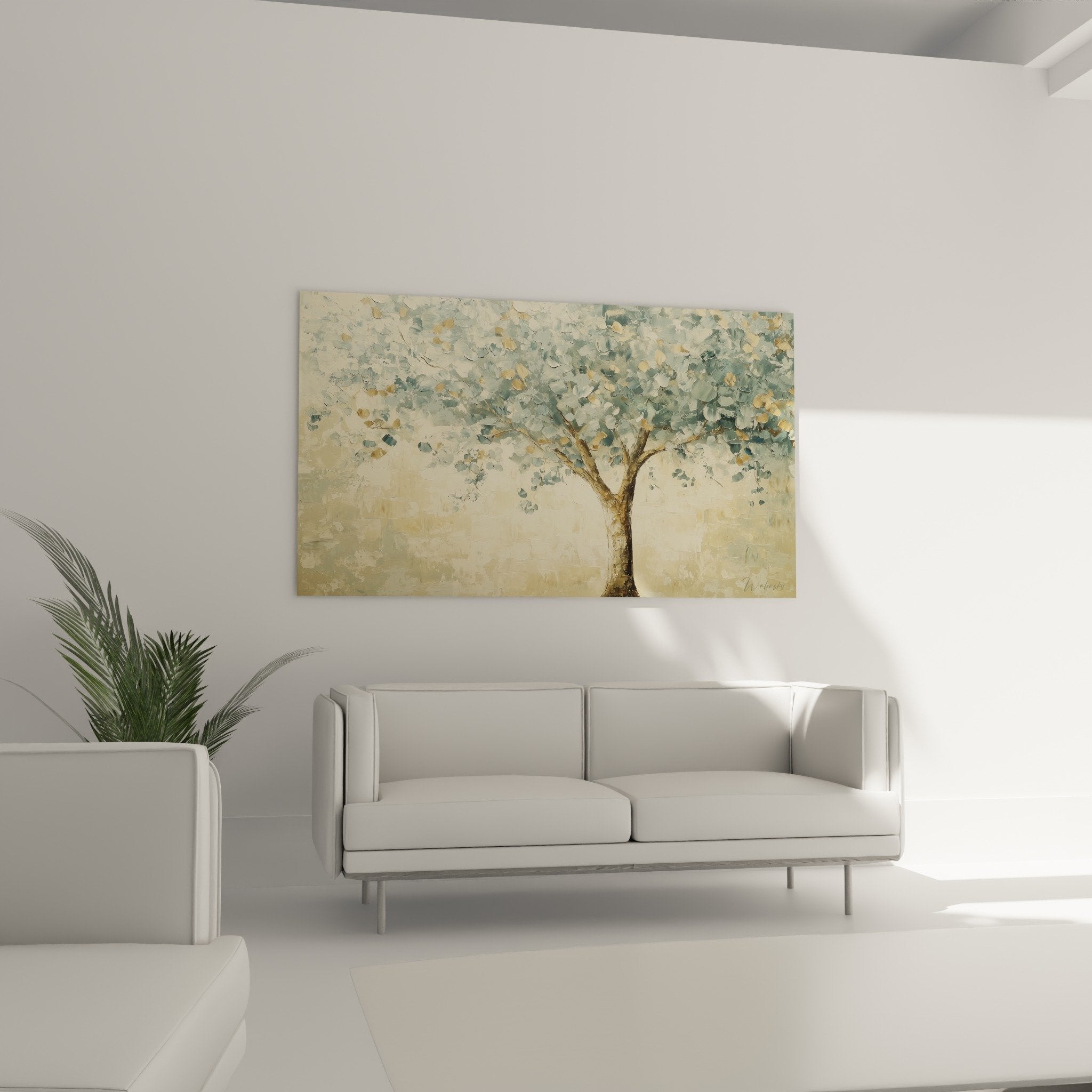 Detail tableau arbre de vie, feuillage bleu-vert texture empâtée, technique picturale délicate et poetique