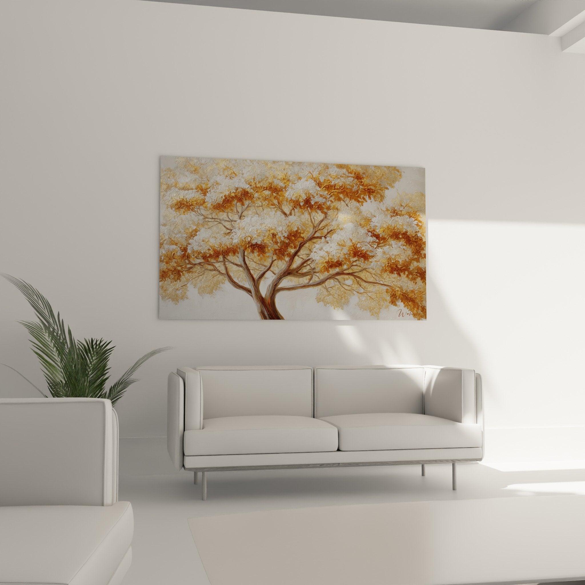 detail feuillage dore et texture picturale arbre de vie tons cuivres et bronze