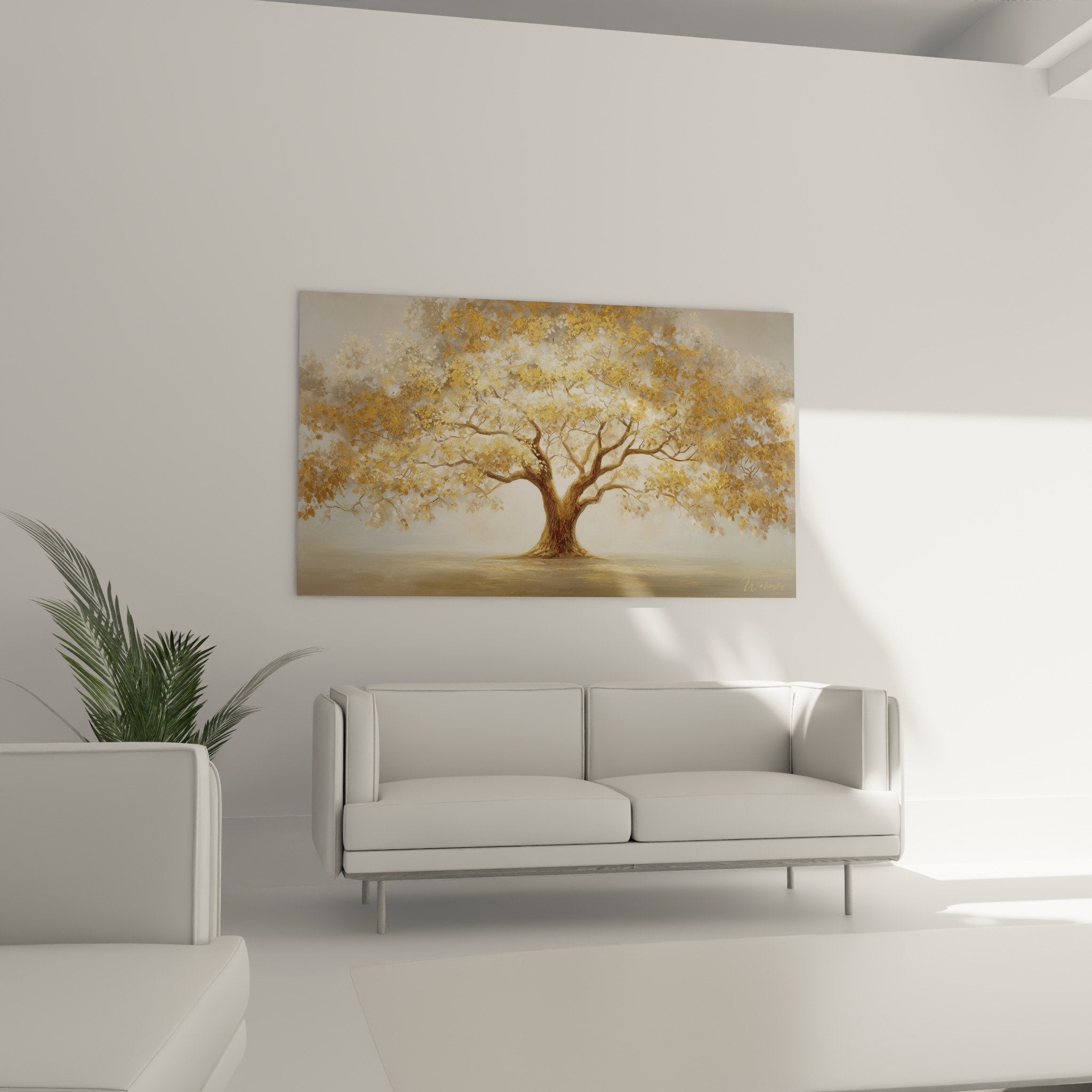 Détail gros plan feuillage doré et branches de l'arbre de vie avec effets de lumière dorée