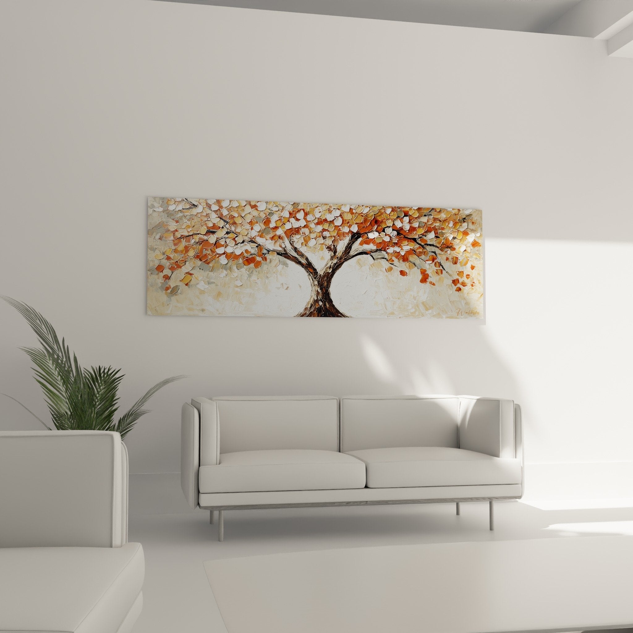 Detail peinture epaisse feuillage dore arbre de vie technique au couteau nuances cuivrees orangees