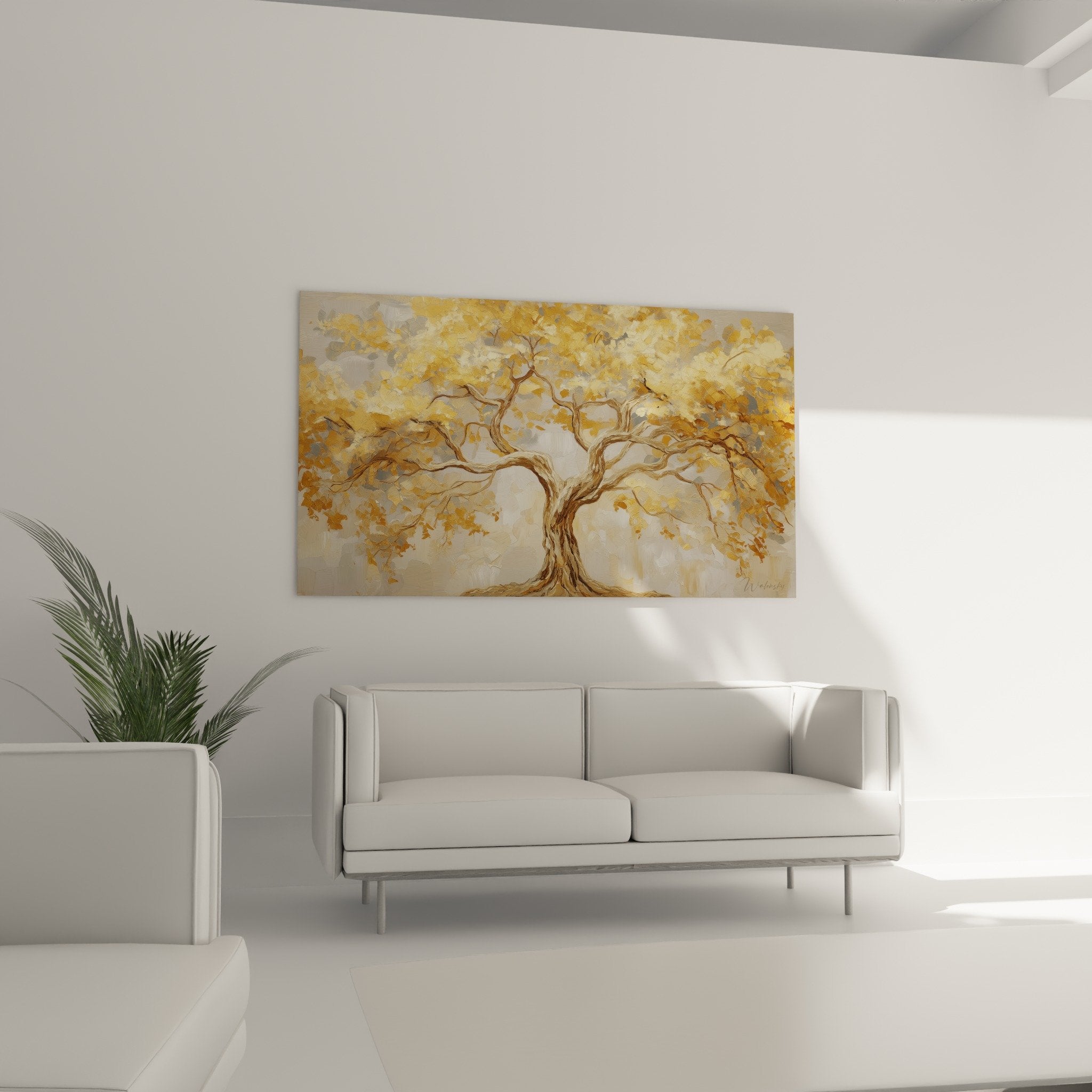 Détail rapproché feuillage doré arbre de vie texture picturale branches brunes nuances artistiques subtiles