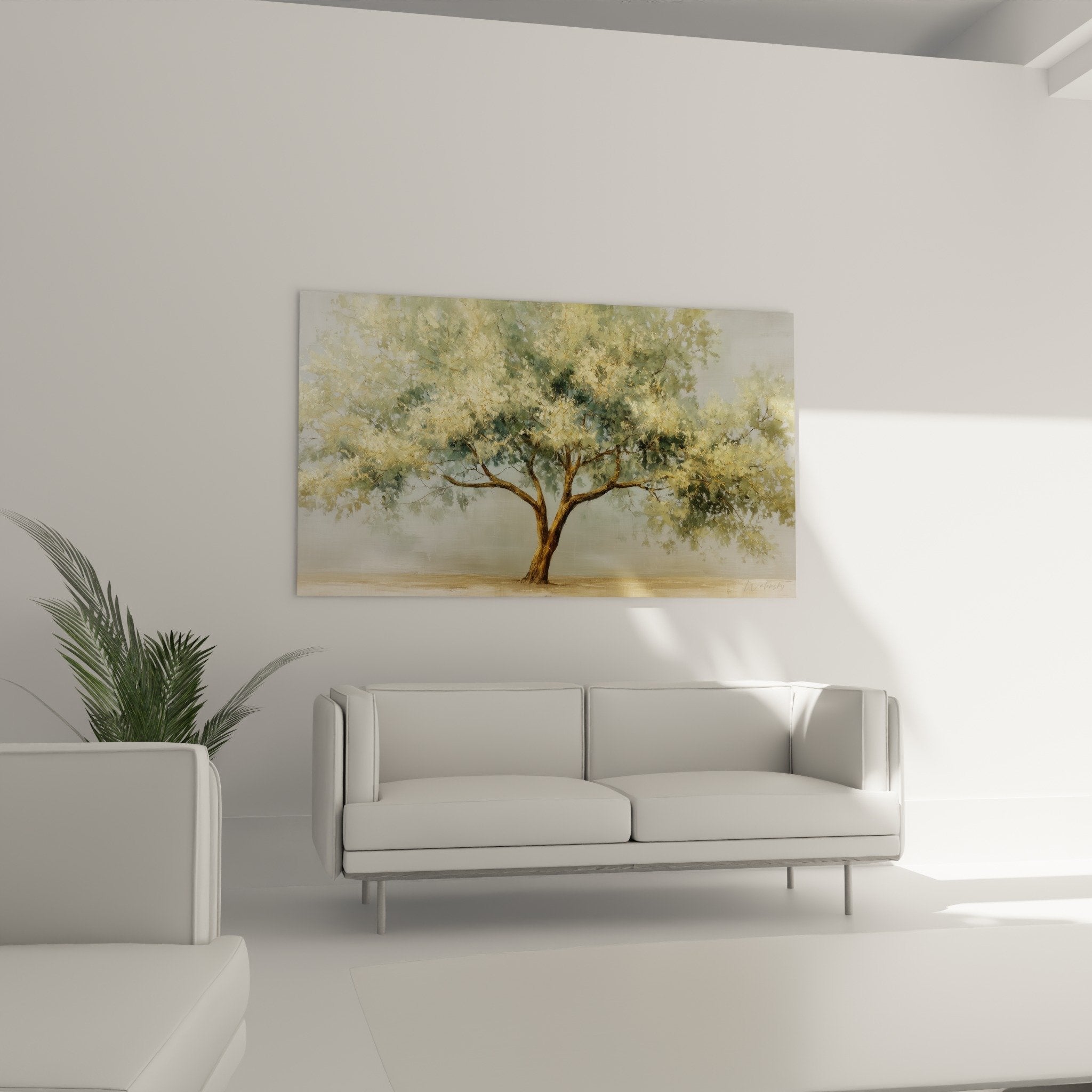 Détail rapproché des feuillages dorés et verts de l'arbre de vie, texture vaporeuse et reflets lumineux