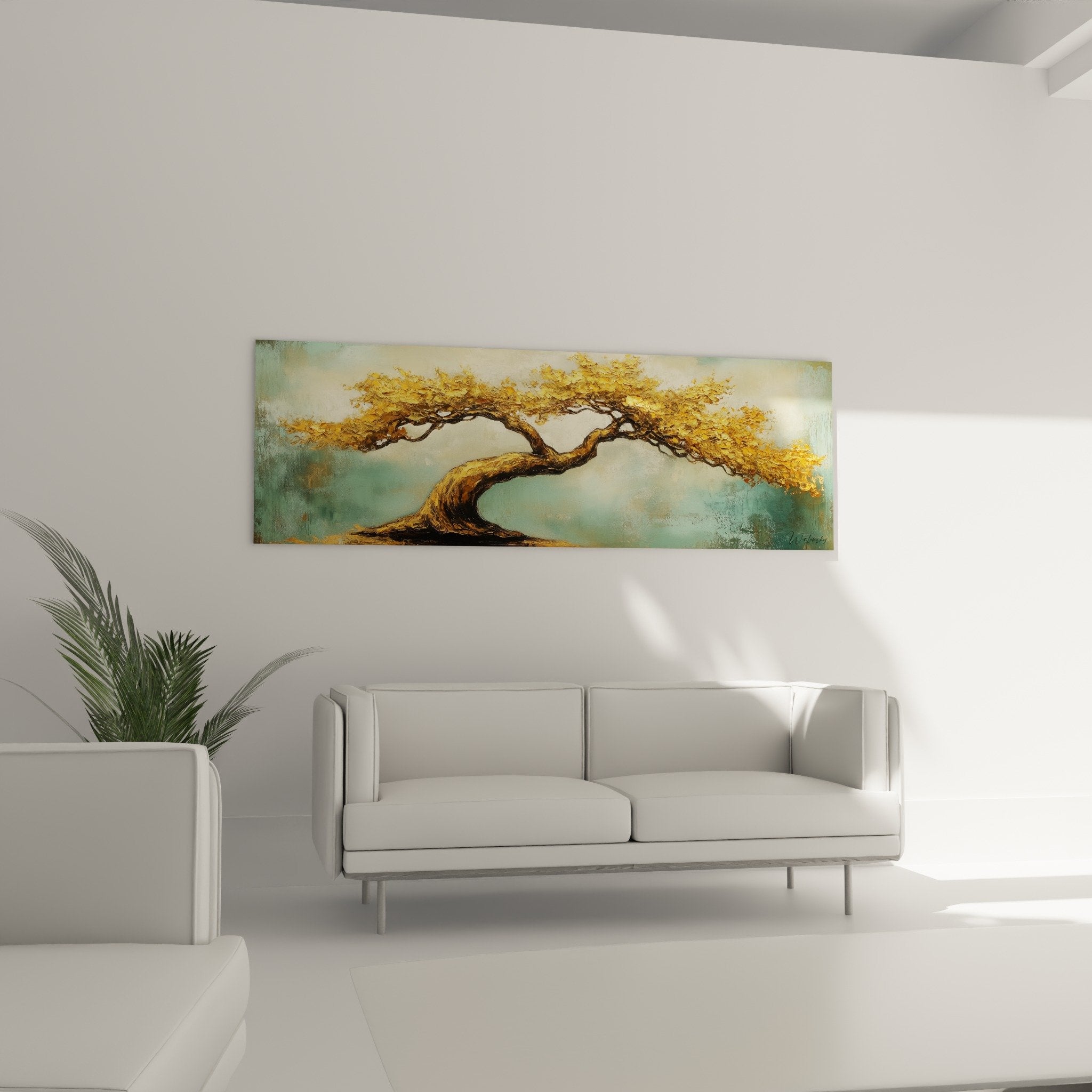 Détail feuillage doré et branches sinueuses de l'arbre de vie sur fond turquoise nuancé