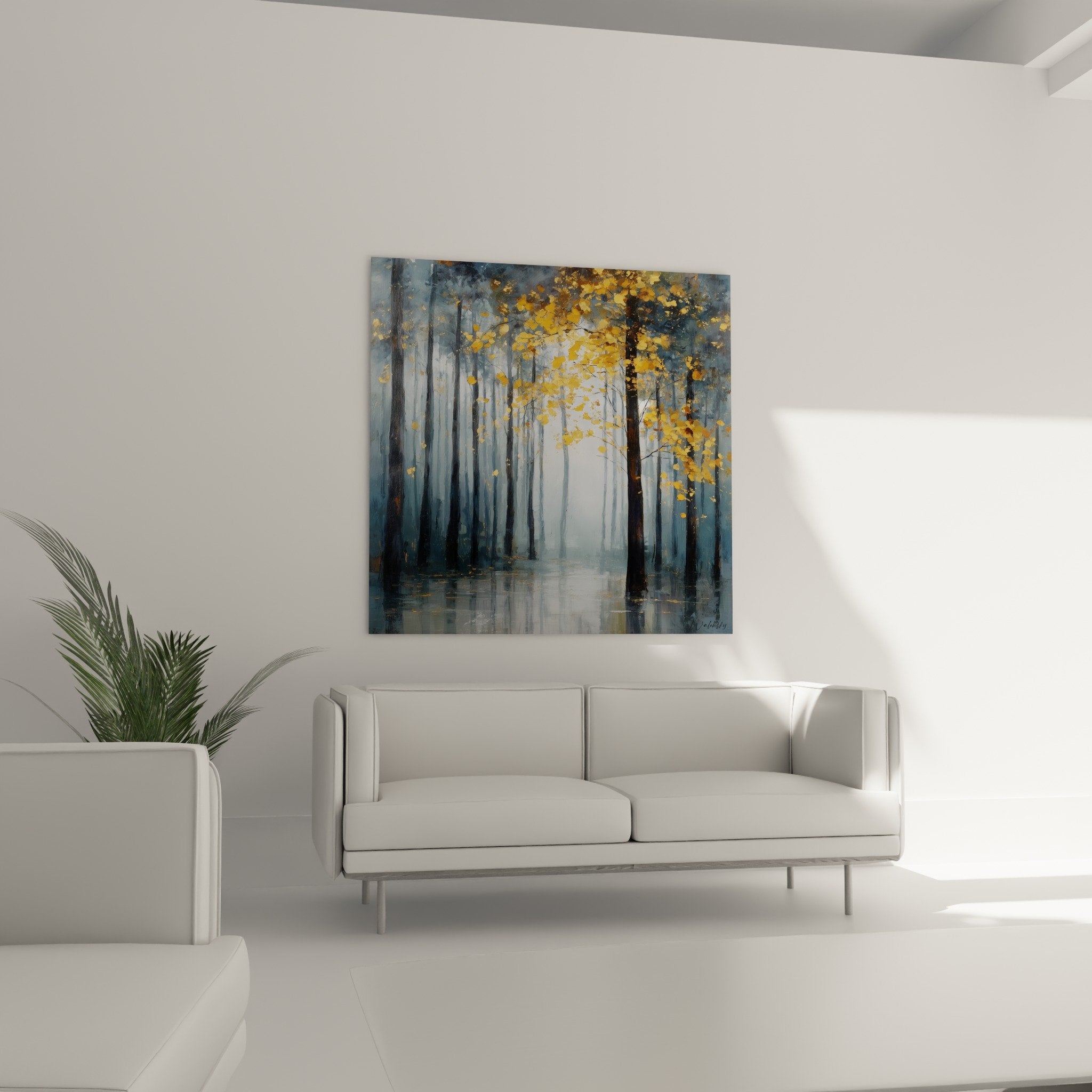Detail rapproche feuillage dore arbre brume bleue texture peinture foret automnale feng shui