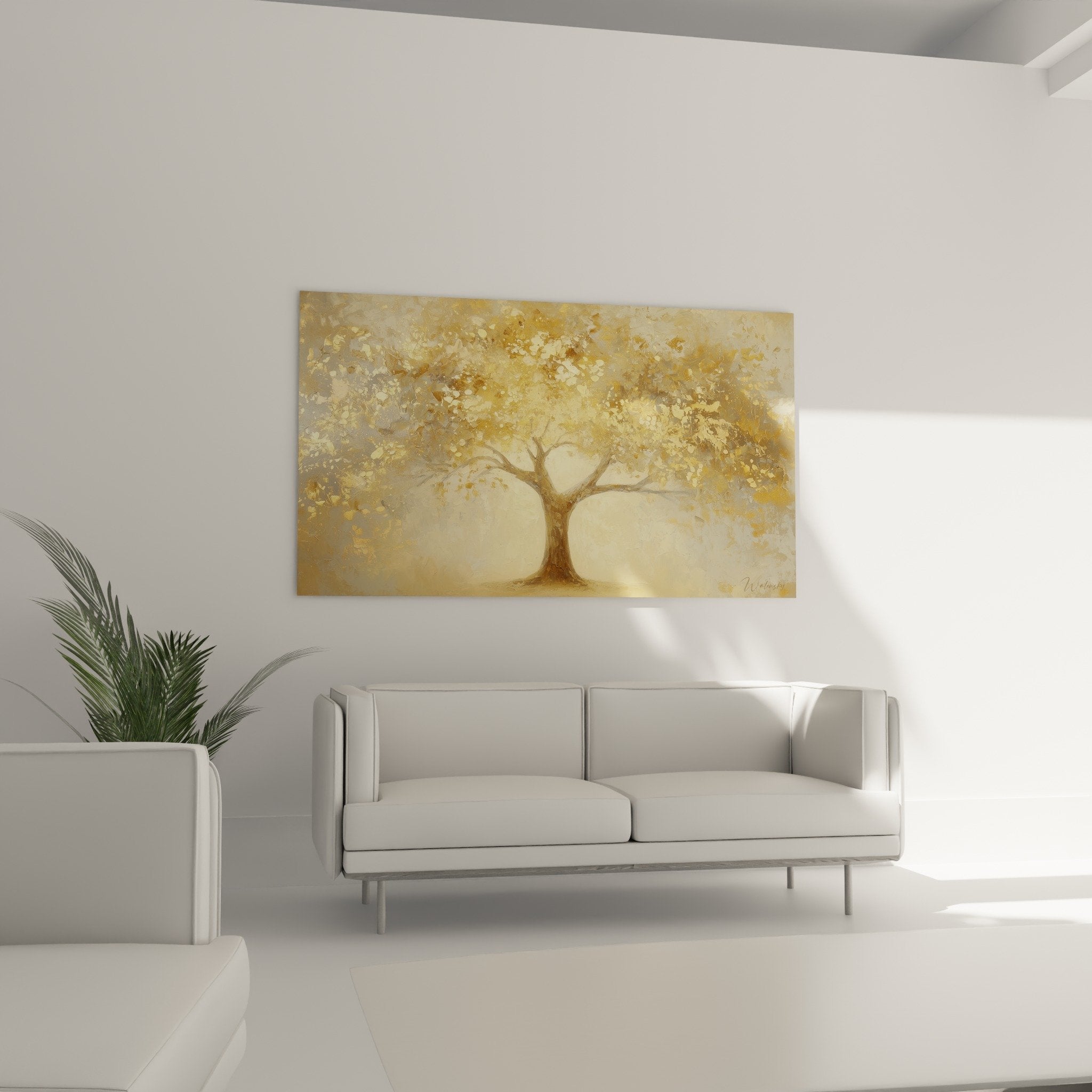 Detail of golden foliage and metallic textures in the tree of life wall art, refined painting technique