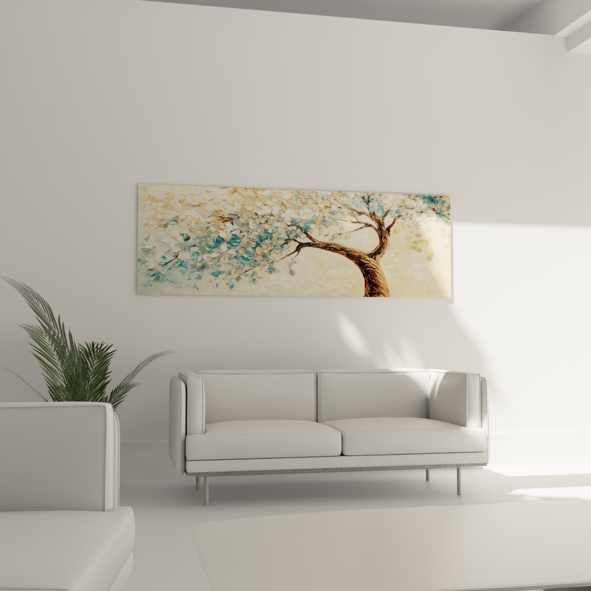 Detail of turquoise and blue-green foliage from the tree of life wall art, visible impasto technique