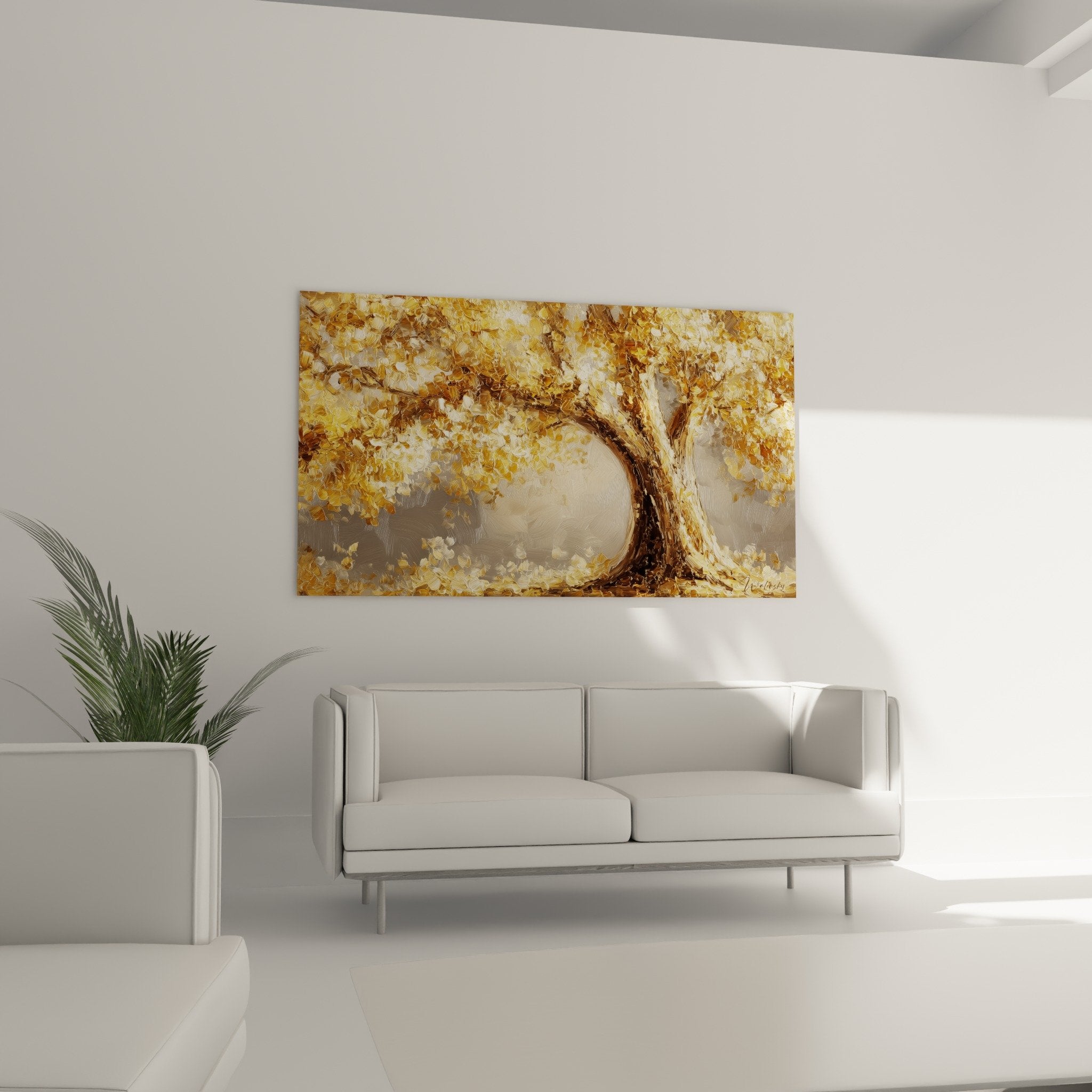 Détail peinture épaisse feuillages dorés arbre, texture empâtements tons ocres et ambrés