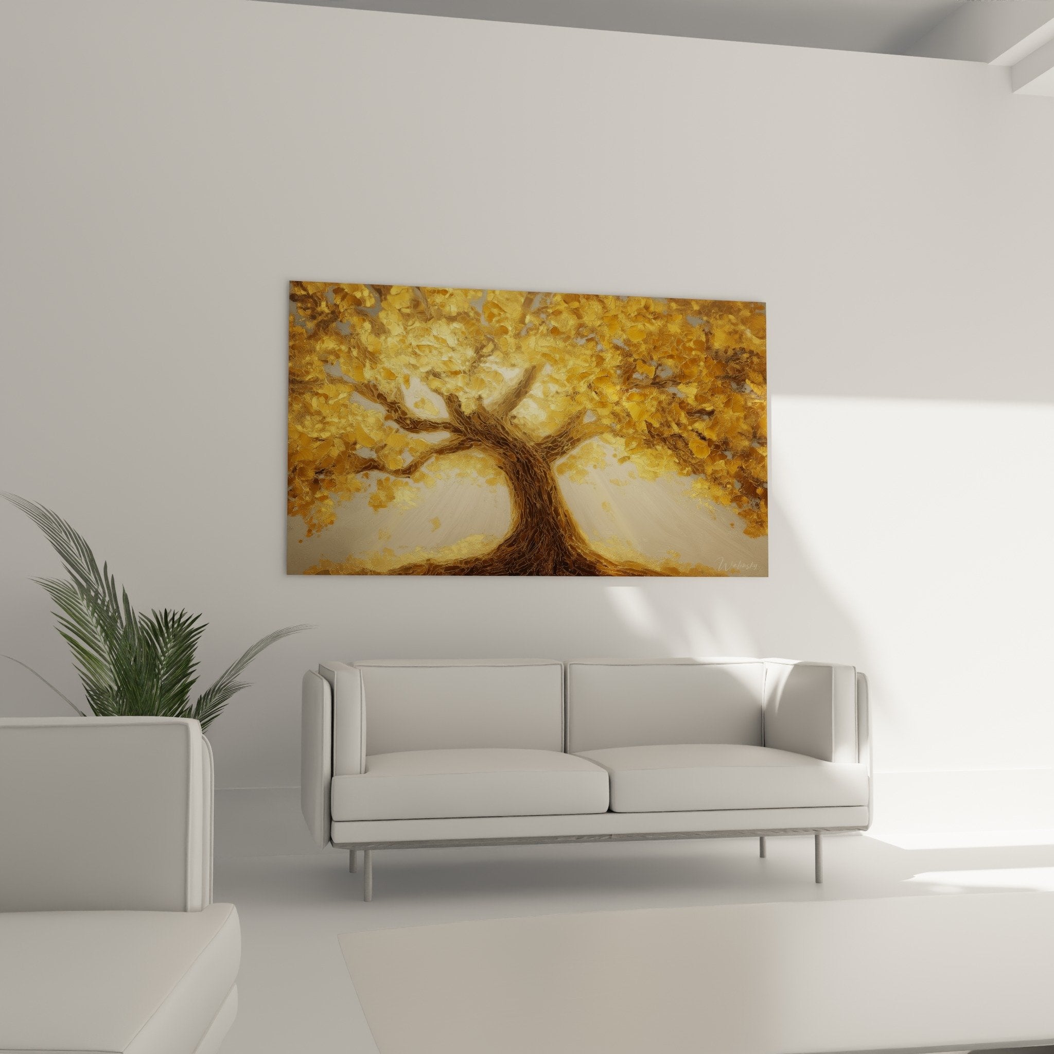 Detail feuillages dores arbre de vie, textures picturales riches, nuances ocre ambre et bronze, lumiere filtree