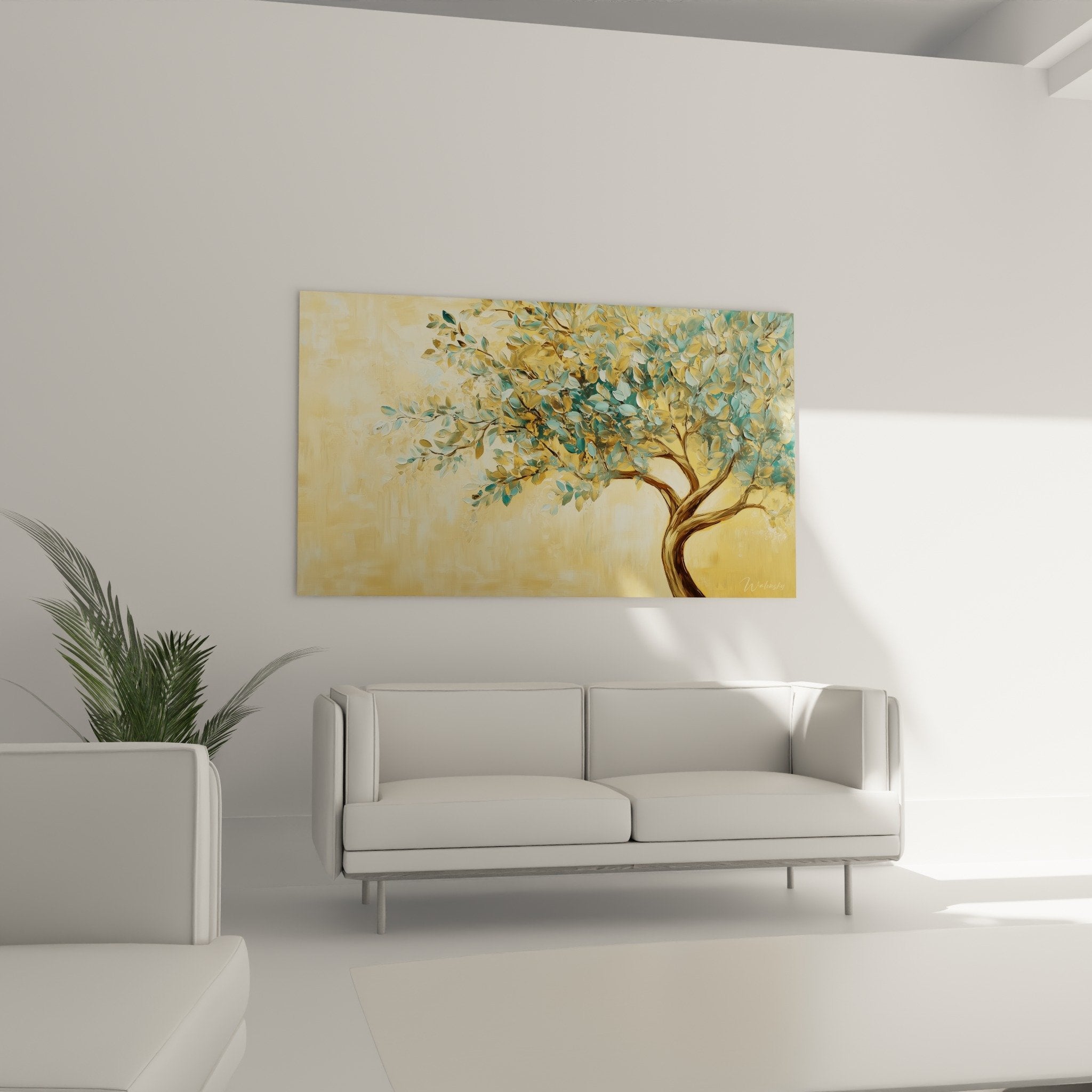 detail feuillages dores et turquoise arbre de vie peinture textures subtiles lumiere douce