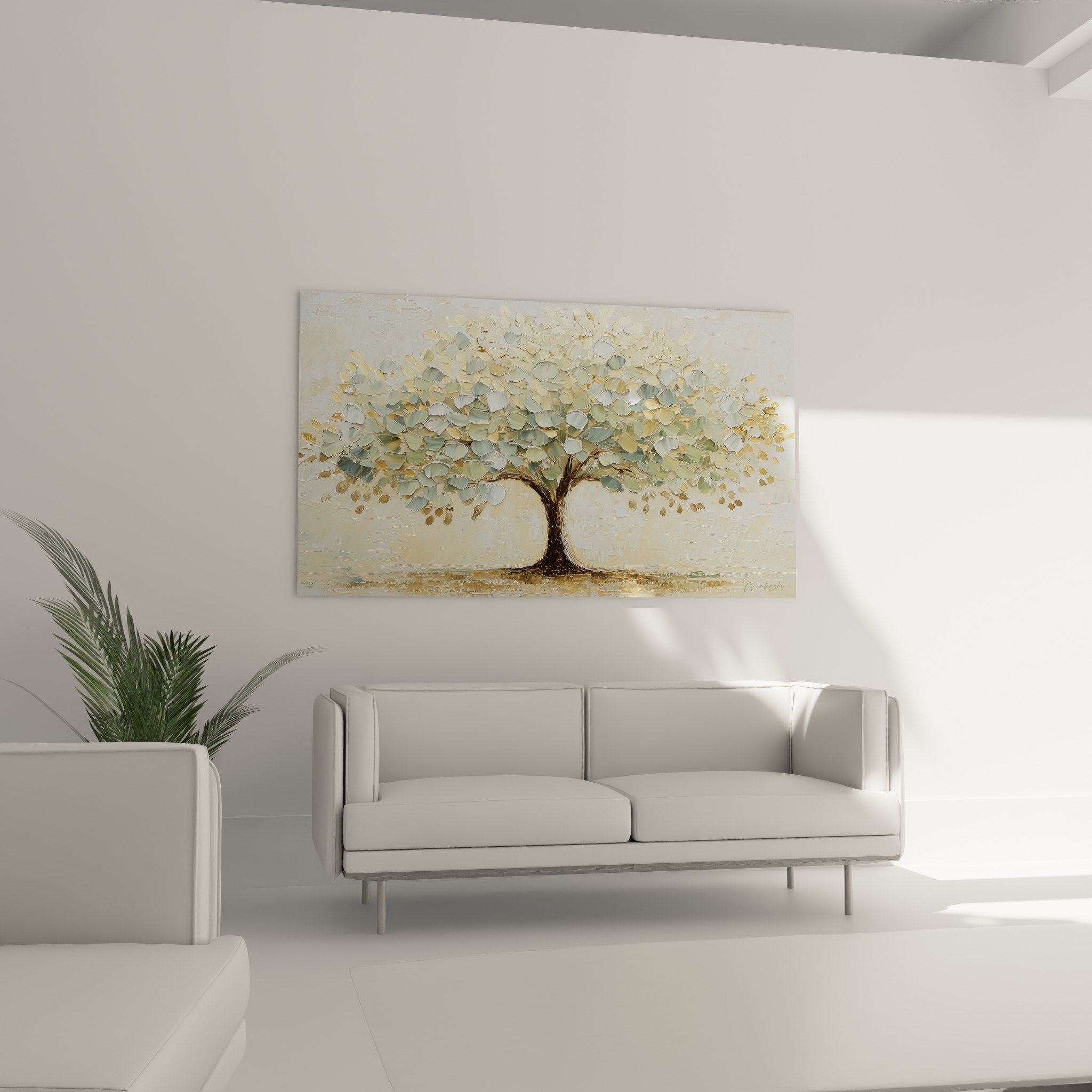 Détail empâtements dorés et verts des feuilles d'arbre de vie peinture texture relief