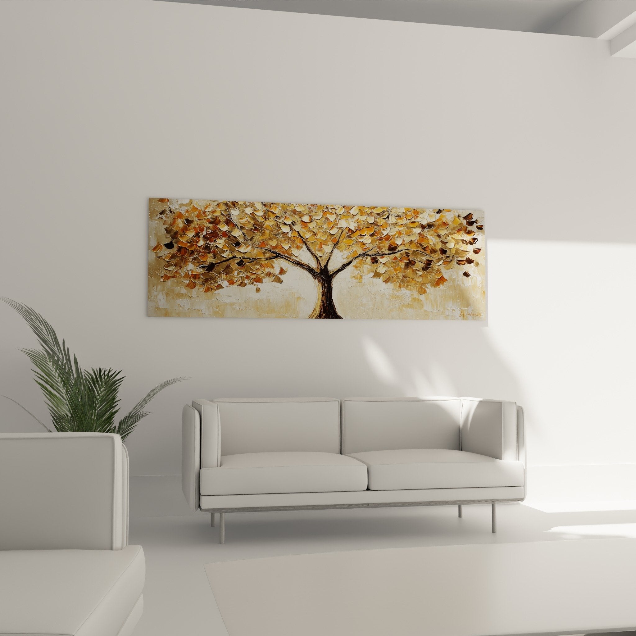 Detail feuilles dorées relief peinture au couteau, texture empâtement nuances ocre et bronze