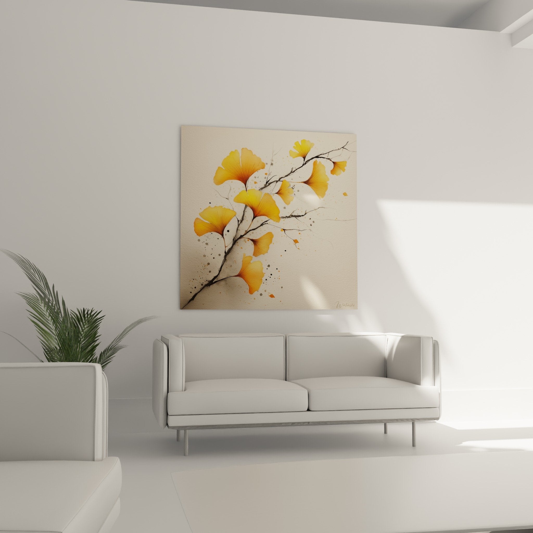 Détail rapproché feuilles Ginkgo aquarelle tons jaune orangé nervures délicates technique artistique