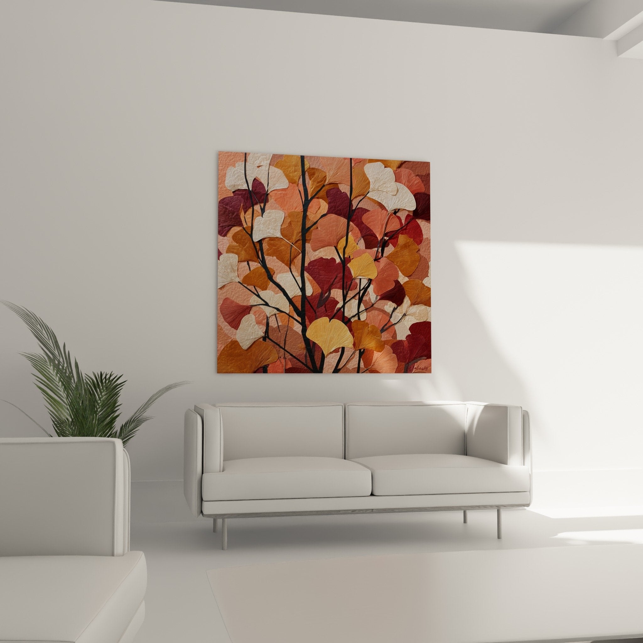 Detail feuilles ginkgo biloba artistiques texture corail bordeaux ocre nervures branches noires art botanique