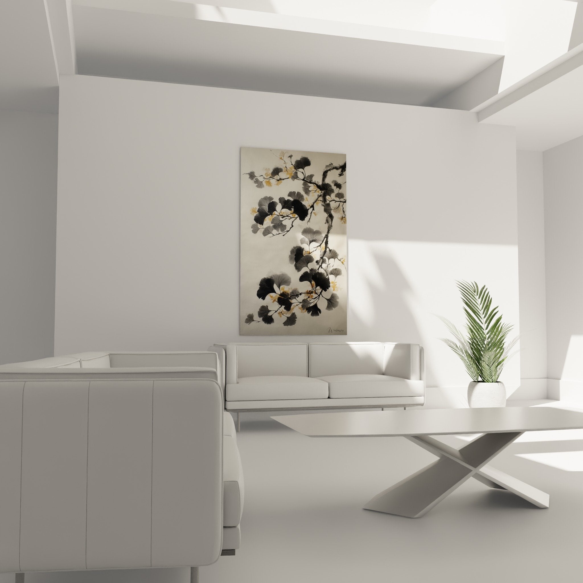 Detail feuilles ginkgo dorées noires branches tableau art japonisant texture delicate