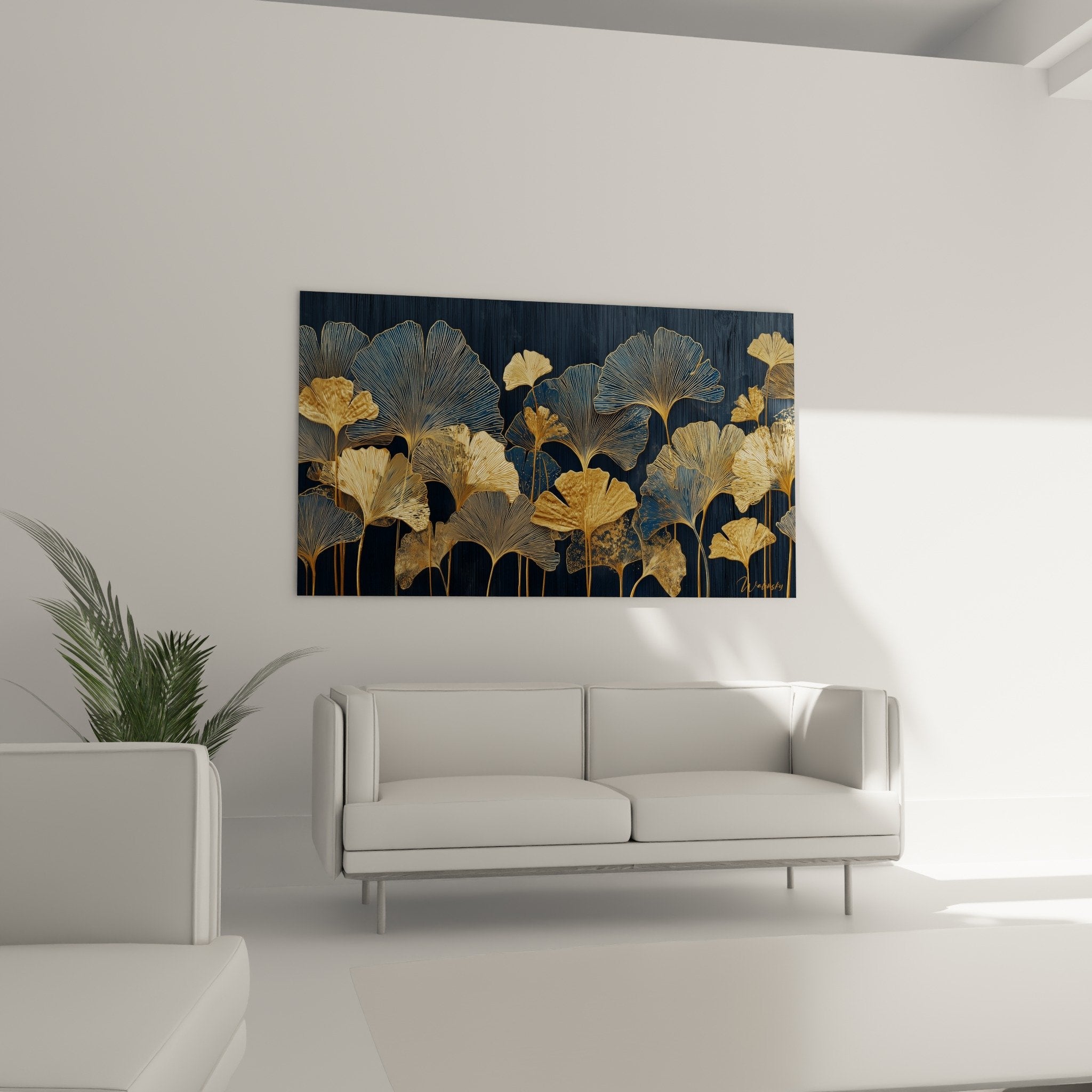 Detail feuilles ginkgo dorees nervures ciselees reflets metallises fond bleu marine