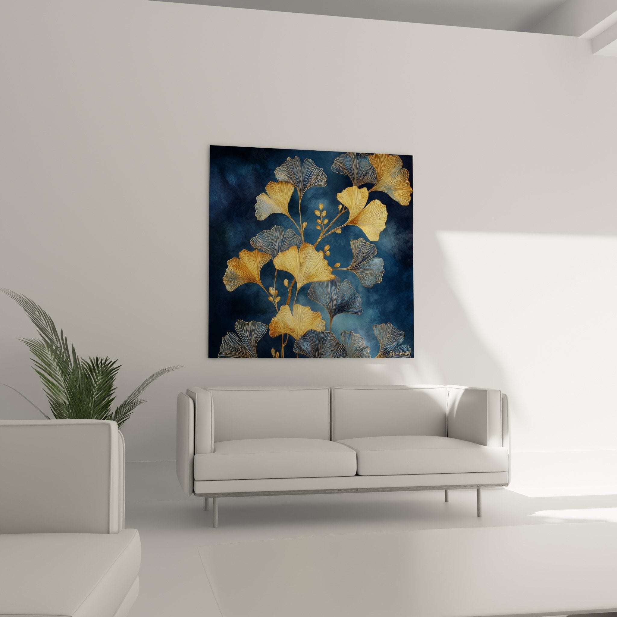 Détail feuilles ginkgo dorées aux nervures finement travaillées sur fond bleu profond, texture artistique