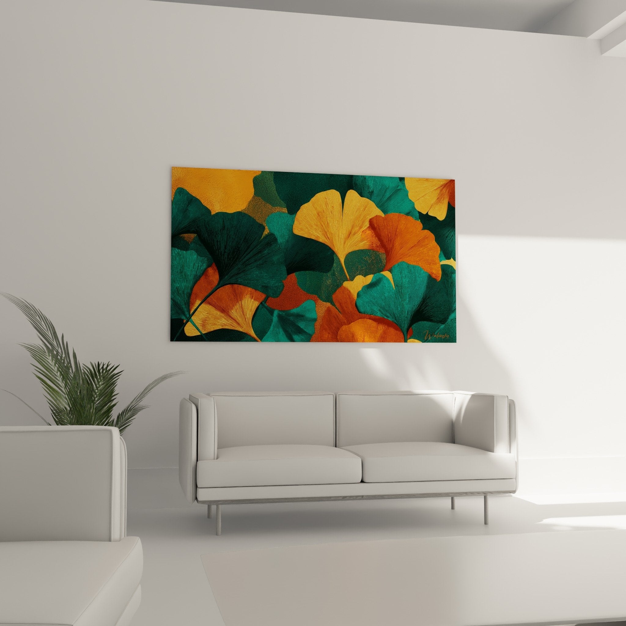 Détail feuilles ginkgo dorées textures nervures art mural moderne couleurs chaudes