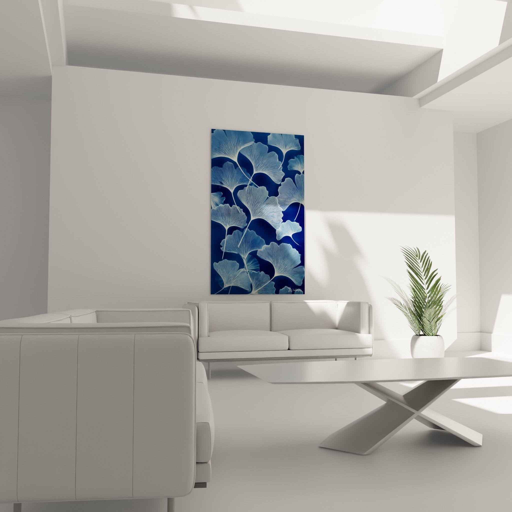Detail feuilles ginkgo nervures blanches sur fond bleu marine, texture artistique botanique