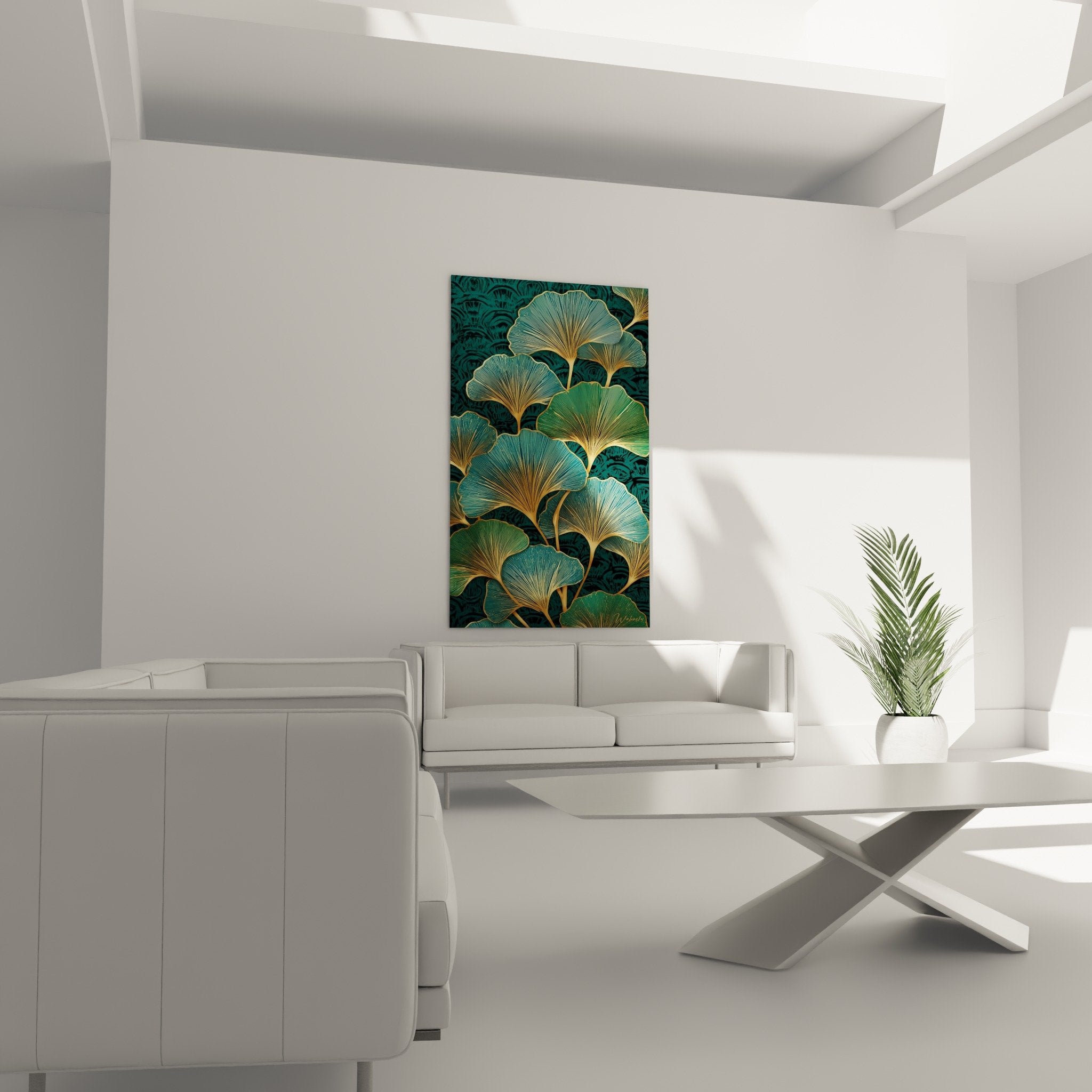 Detail feuilles ginkgo turquoise nervures dorees ciselees texture artistique precieuse