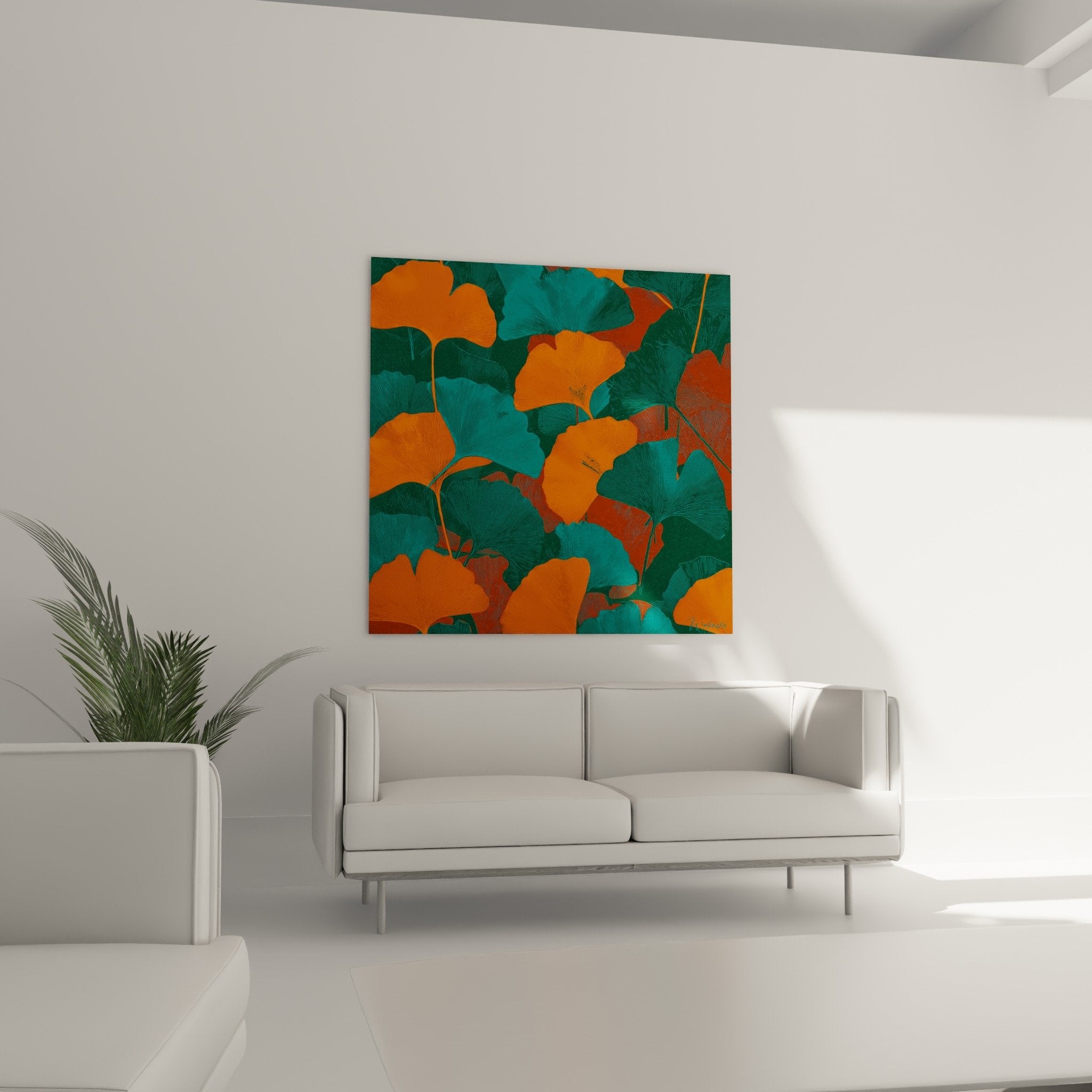 Detail feuilles ginkgo nervures delicates palette orange turquoise art botanique contemporain