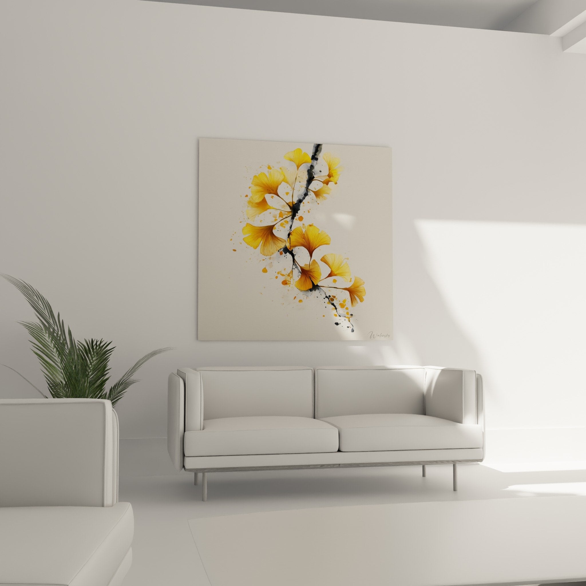 Détail rapproché feuilles Ginkgo dorées peinture artistique textures éclaboussures colorées