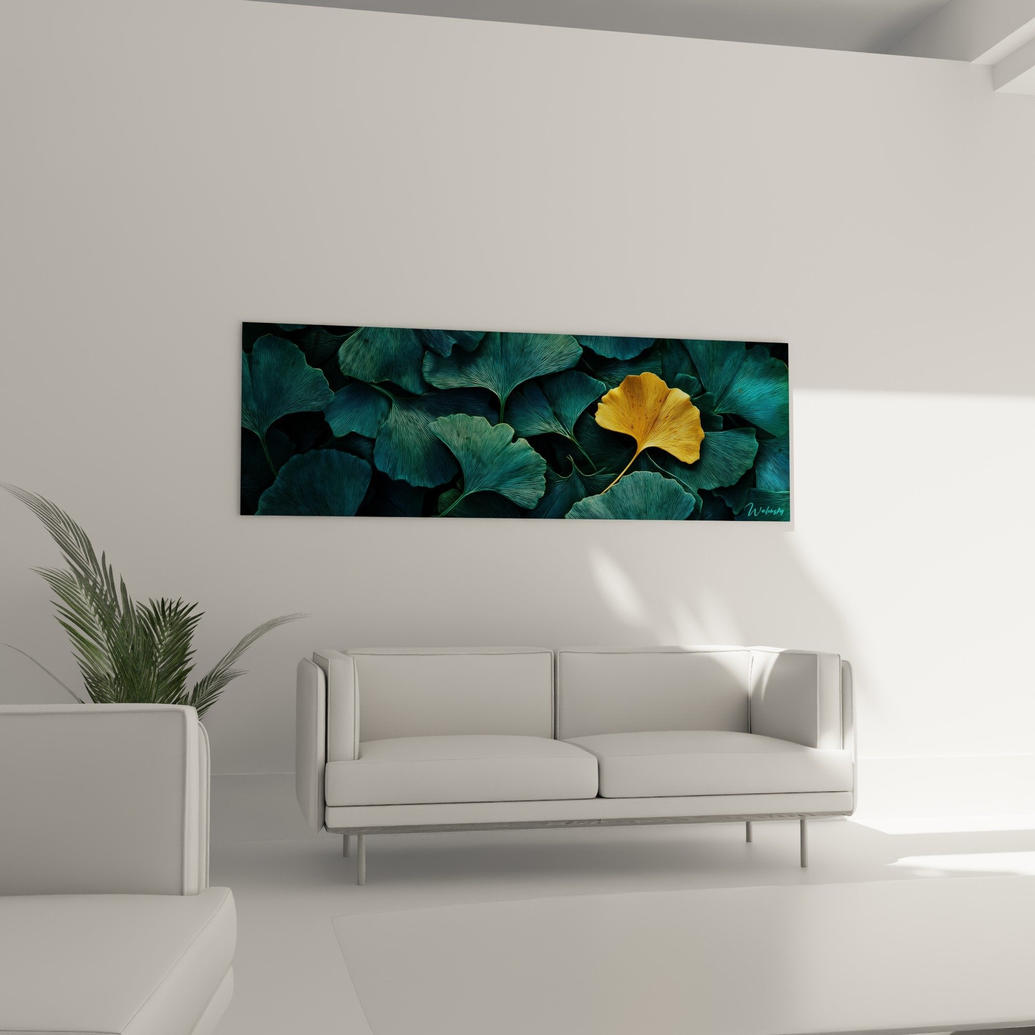 Detail feuilles ginkgo turquoise nervures dorees texture metallique tableau nature artistique