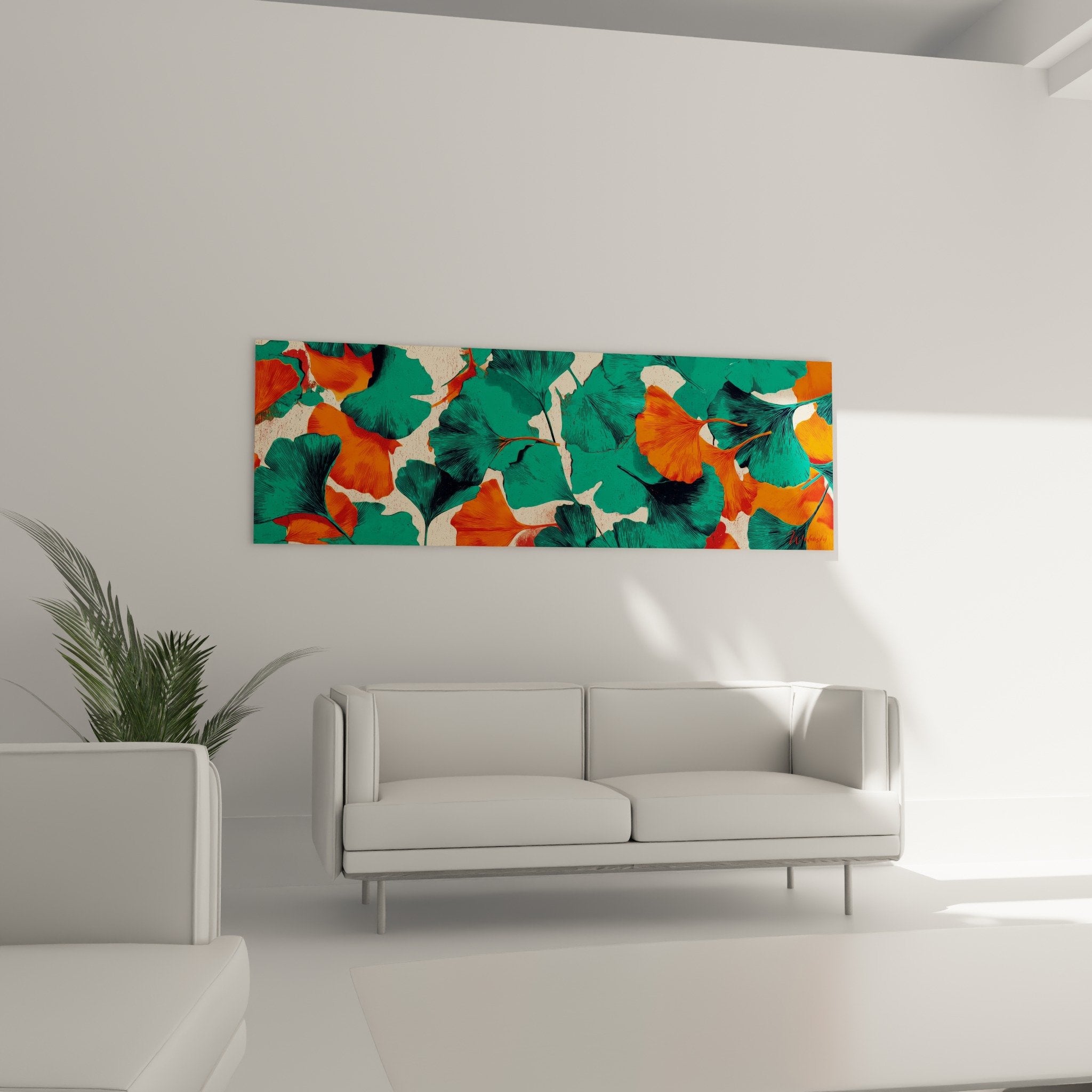 Detail rapproche feuilles ginkgo turquoise orange nervures detaillees texture artistique