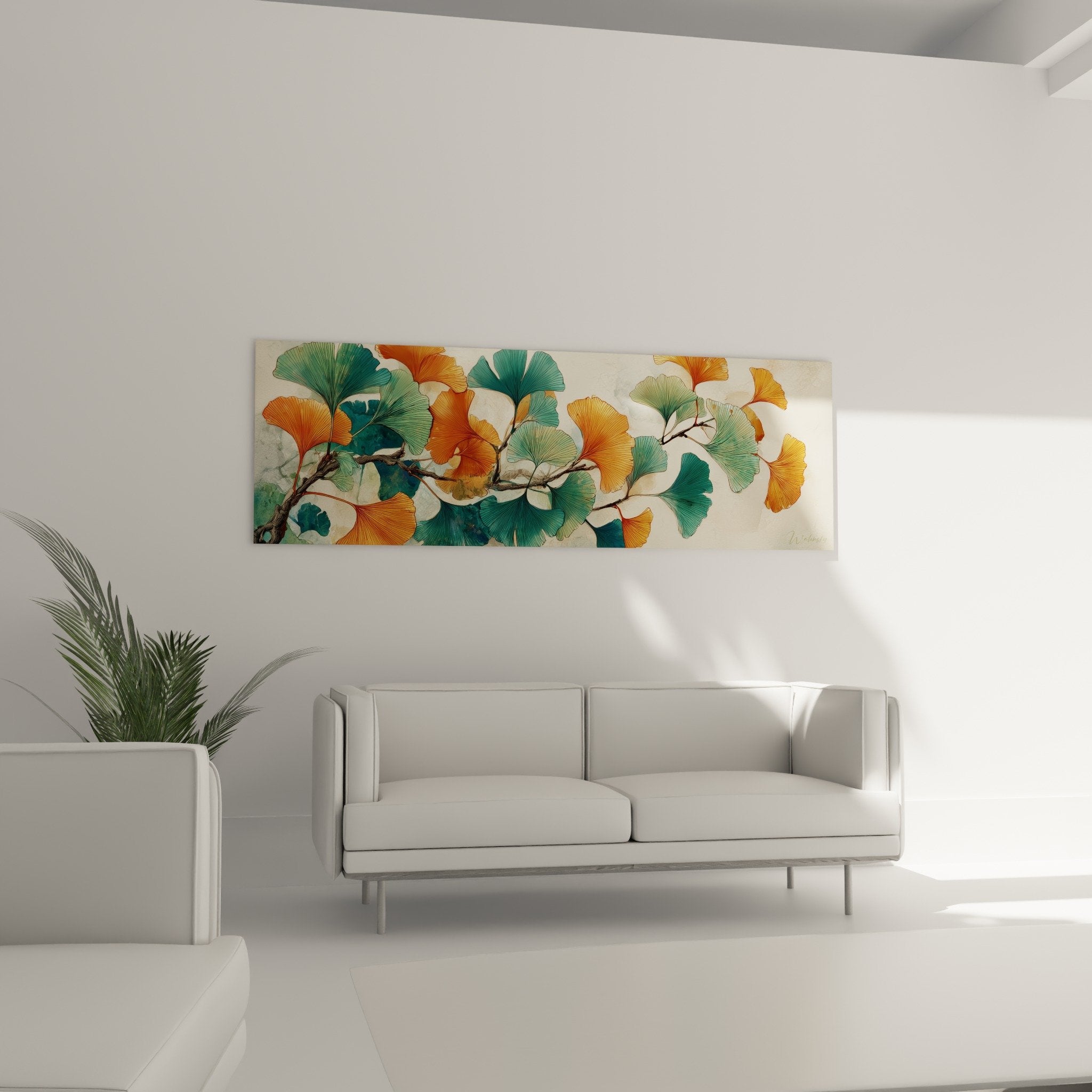 Détail feuilles ginkgo turquoise orange texture artistique branches naturelles