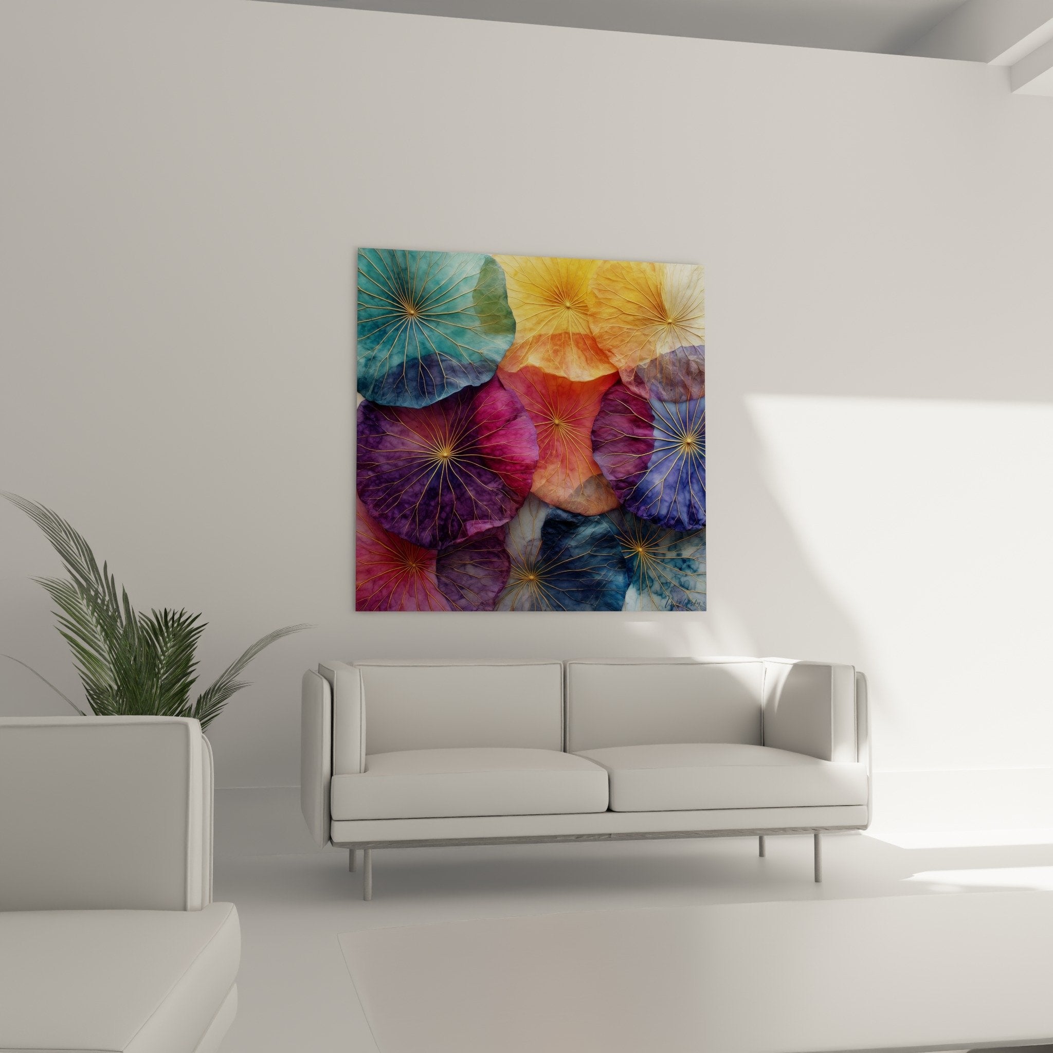 Artistic lotus leaves detail golden veins watercolor texture turquoise blue violet