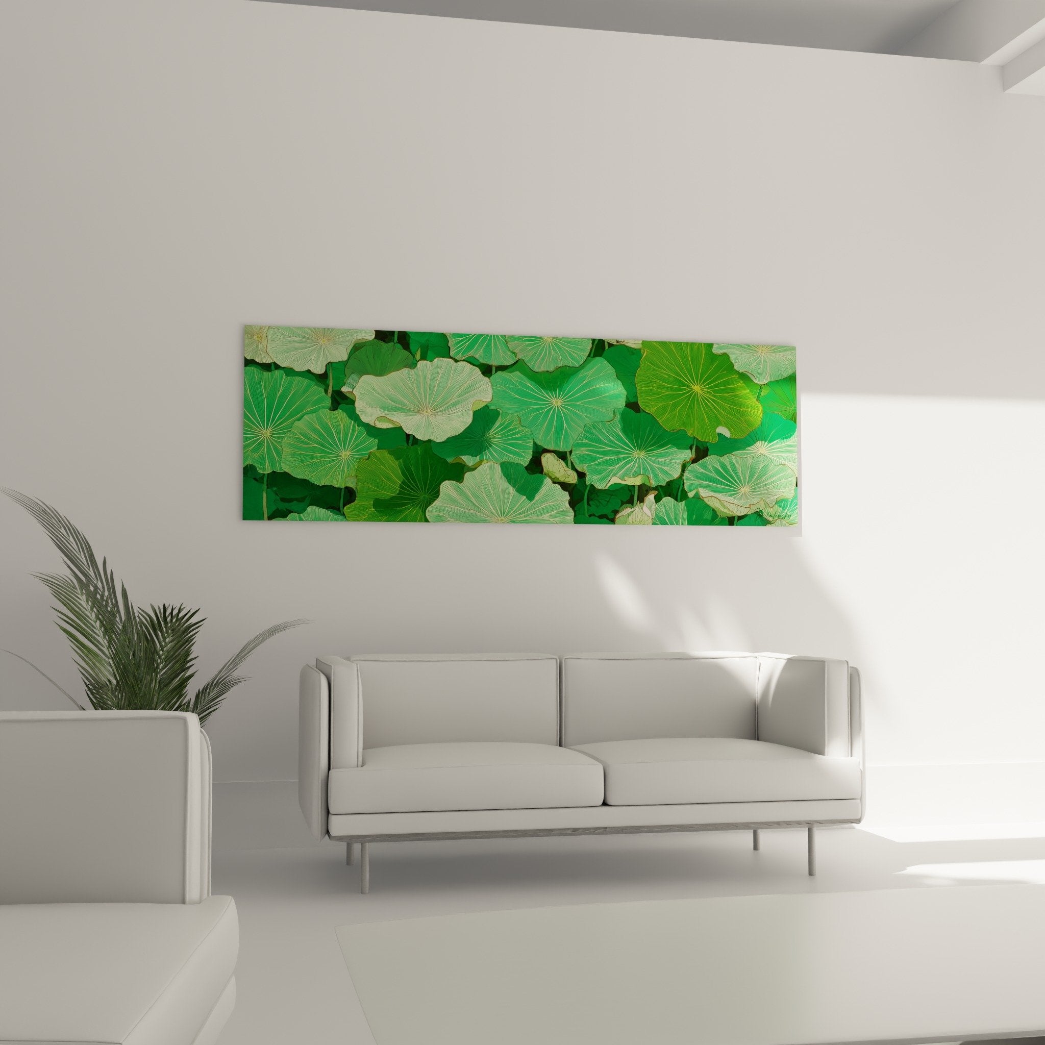 Detail rapproche feuilles lotus vertes nervures dorees texture naturelle reflets lumiere composition vegetale