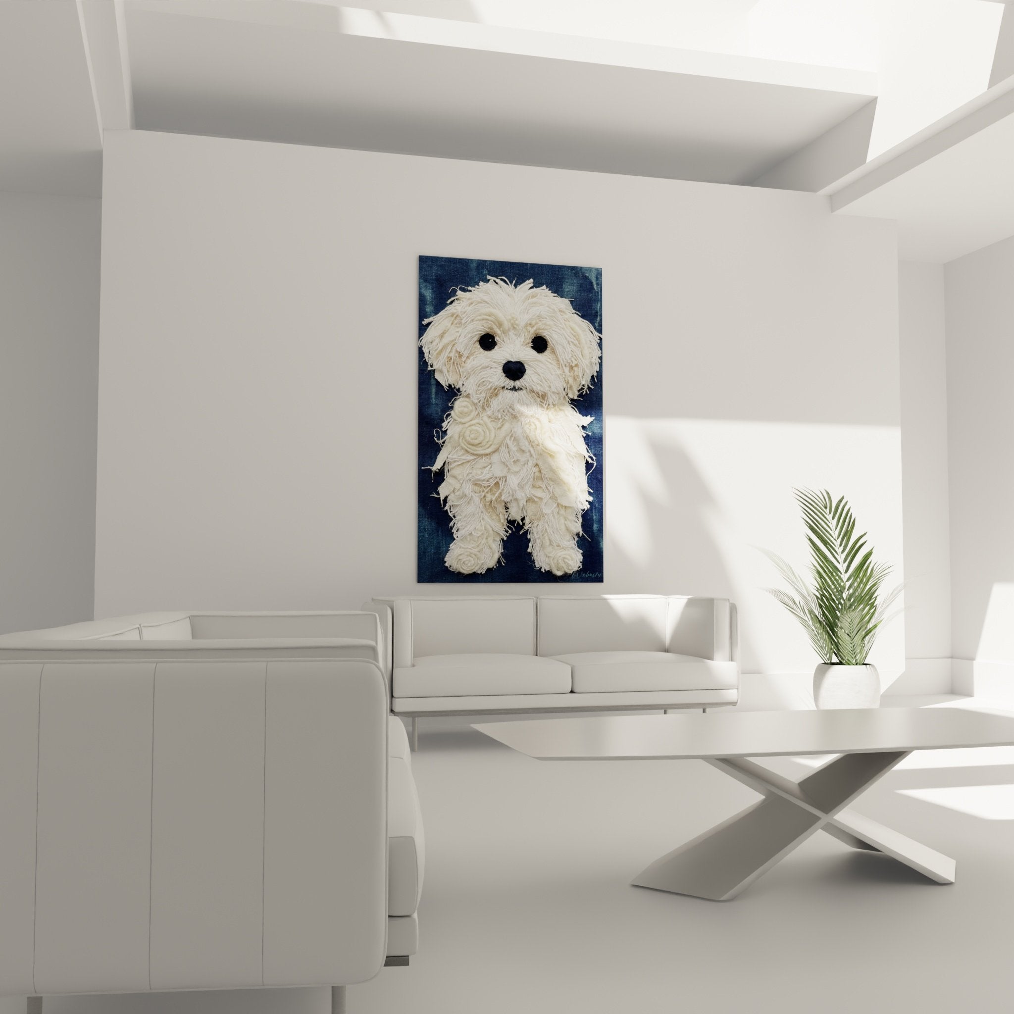 White spiral fibers golden details textured relief artwork Maltese Bichon contemporary textile art