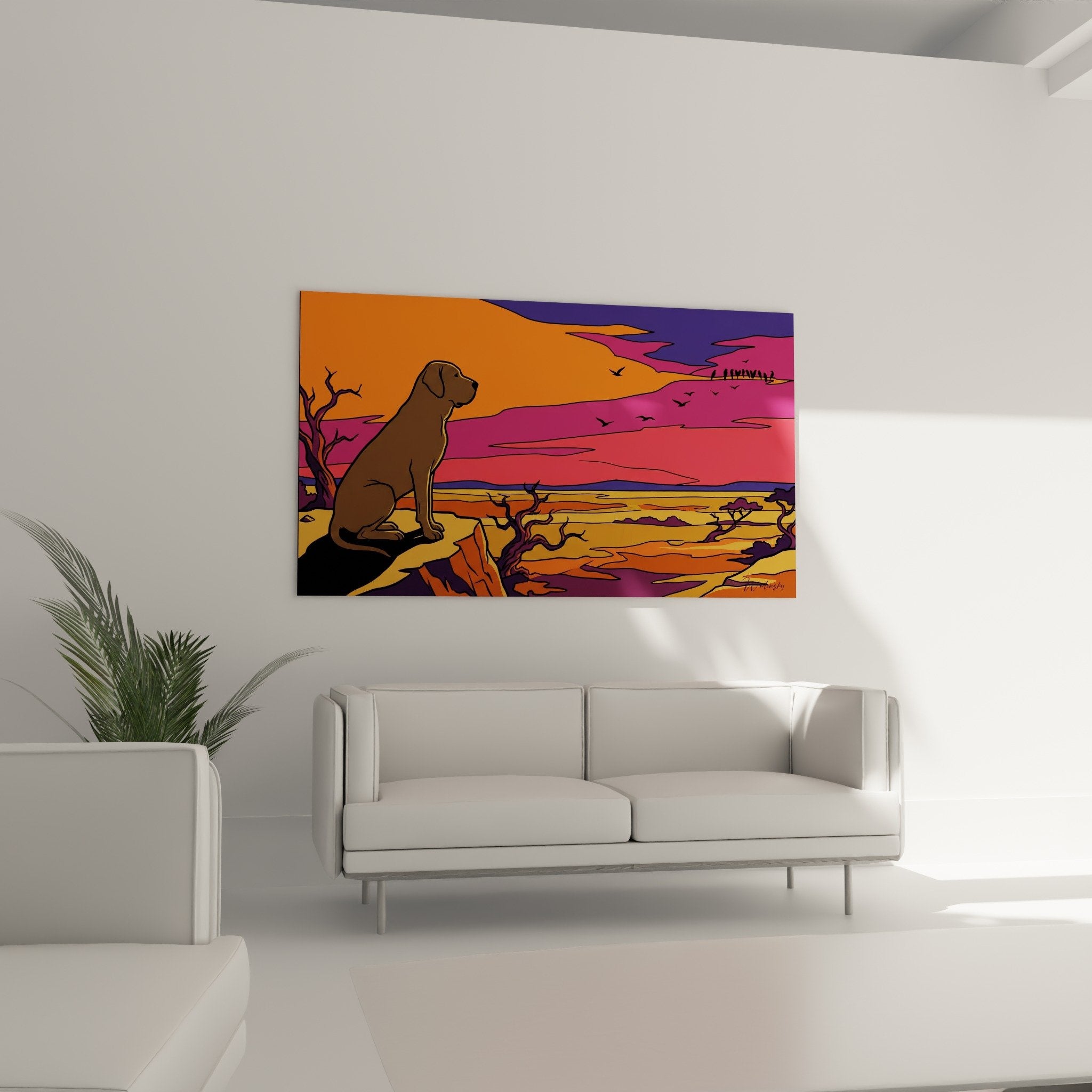 Detail rapproche Fila Brasileiro pelage brun ciel orange violet nuages colores tableau artistique