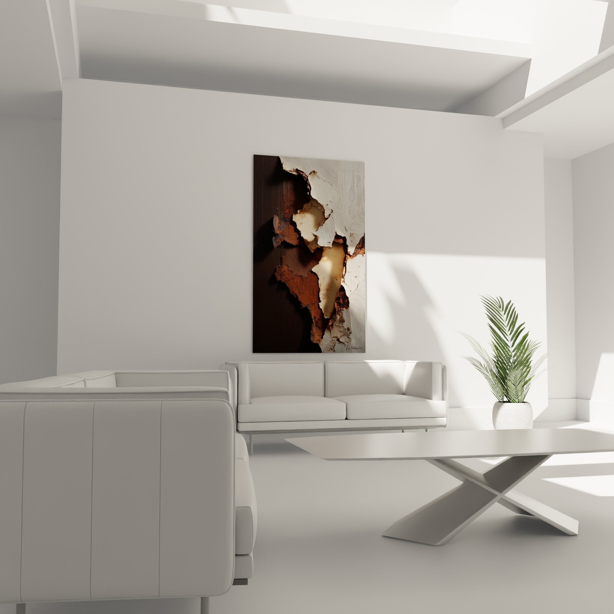 Close-up detail of abstract artwork white cracks textured ochre rust feng shui northeast earth
