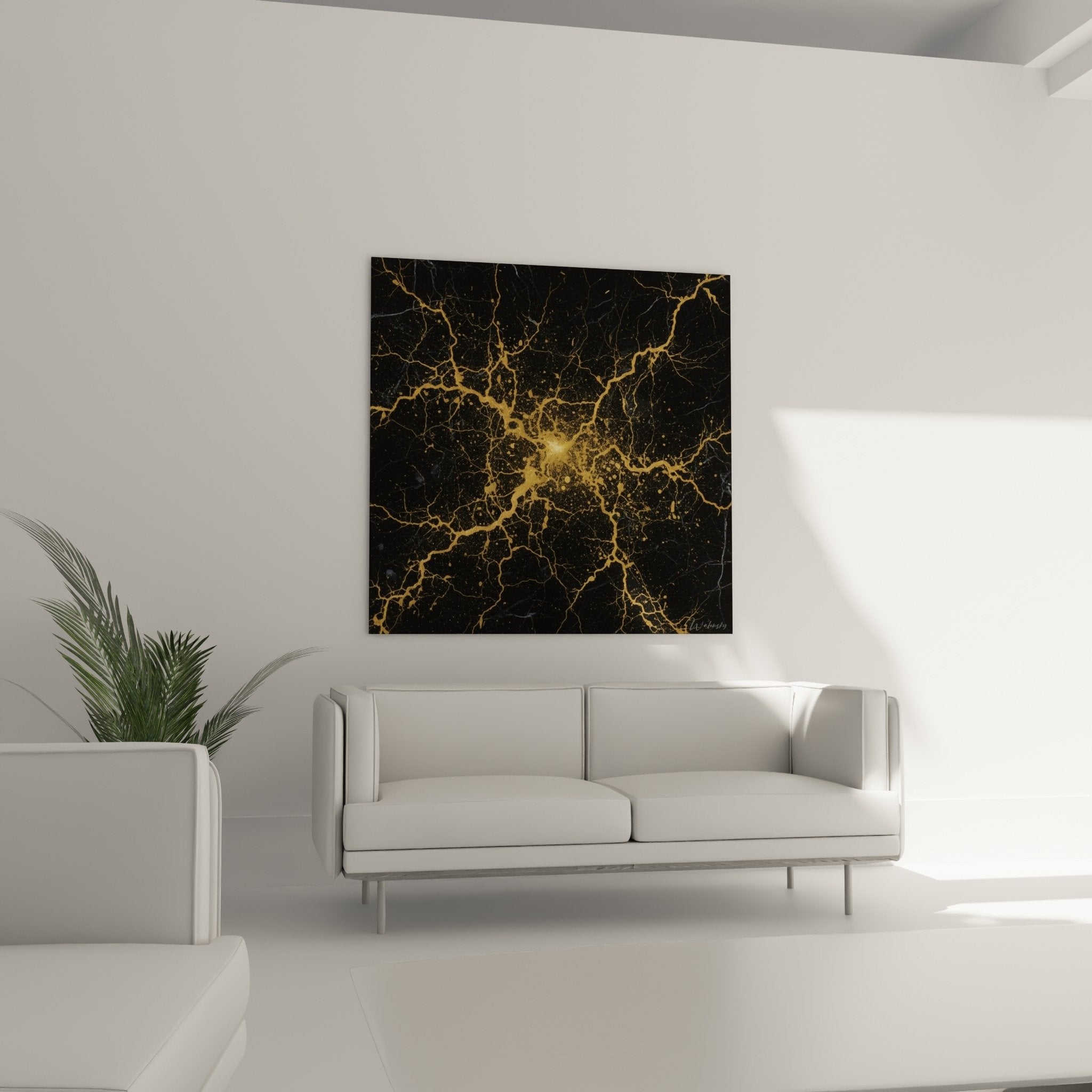 Nahaufnahme goldfarbener metallischer Risse auf schwarzem Hintergrund, Kintsugi-Textur, leuchtende Goldadern