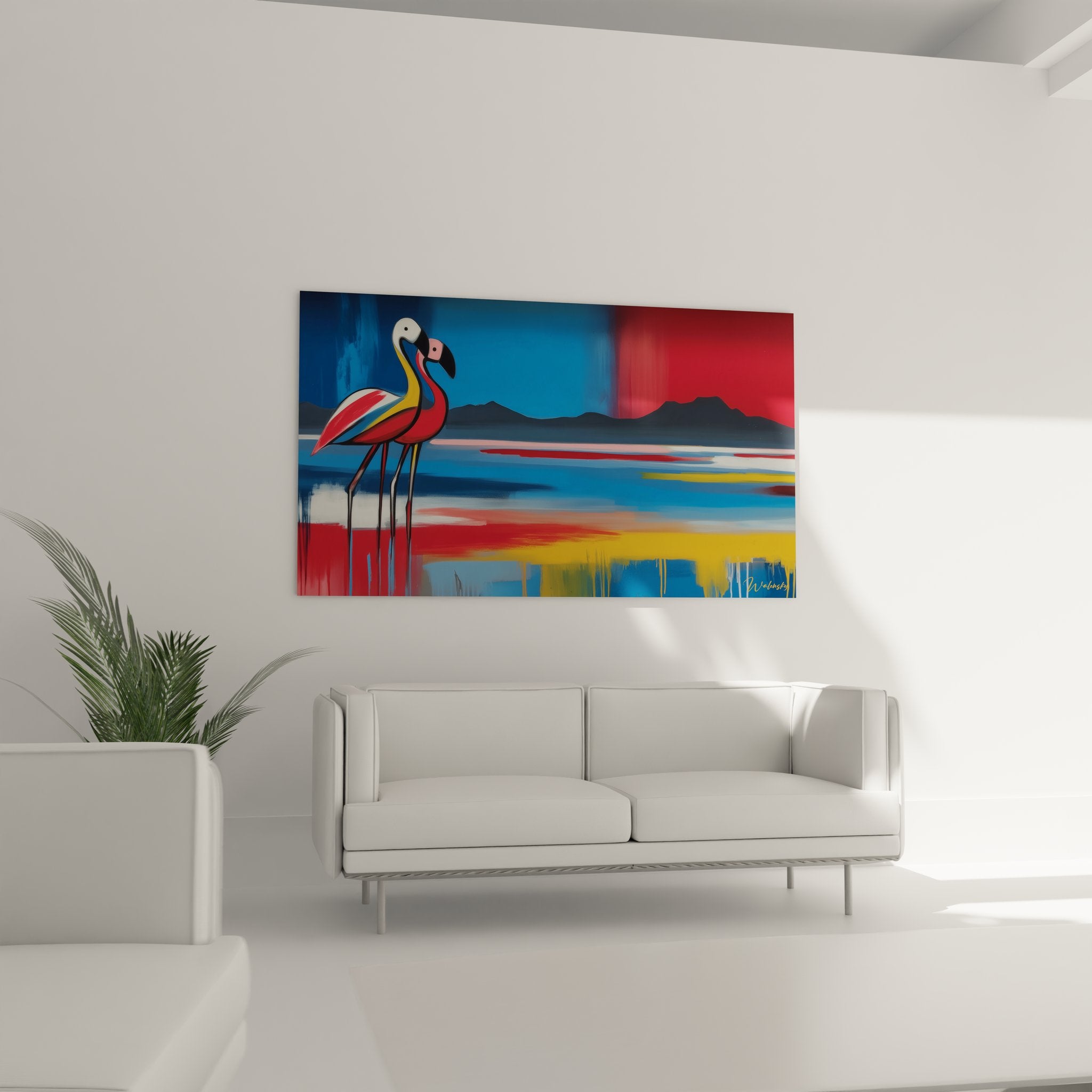 Détail tableau flamants roses artistiques couleurs vives style géométrique contemporain